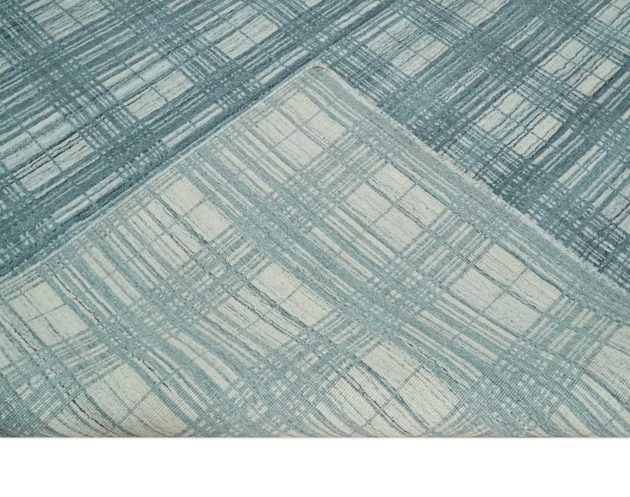 8x10 Hand Made Checkered Ivory and Blue Scandinavian Blended Wool Flatwoven Area Rug | KE21 - Image 7
