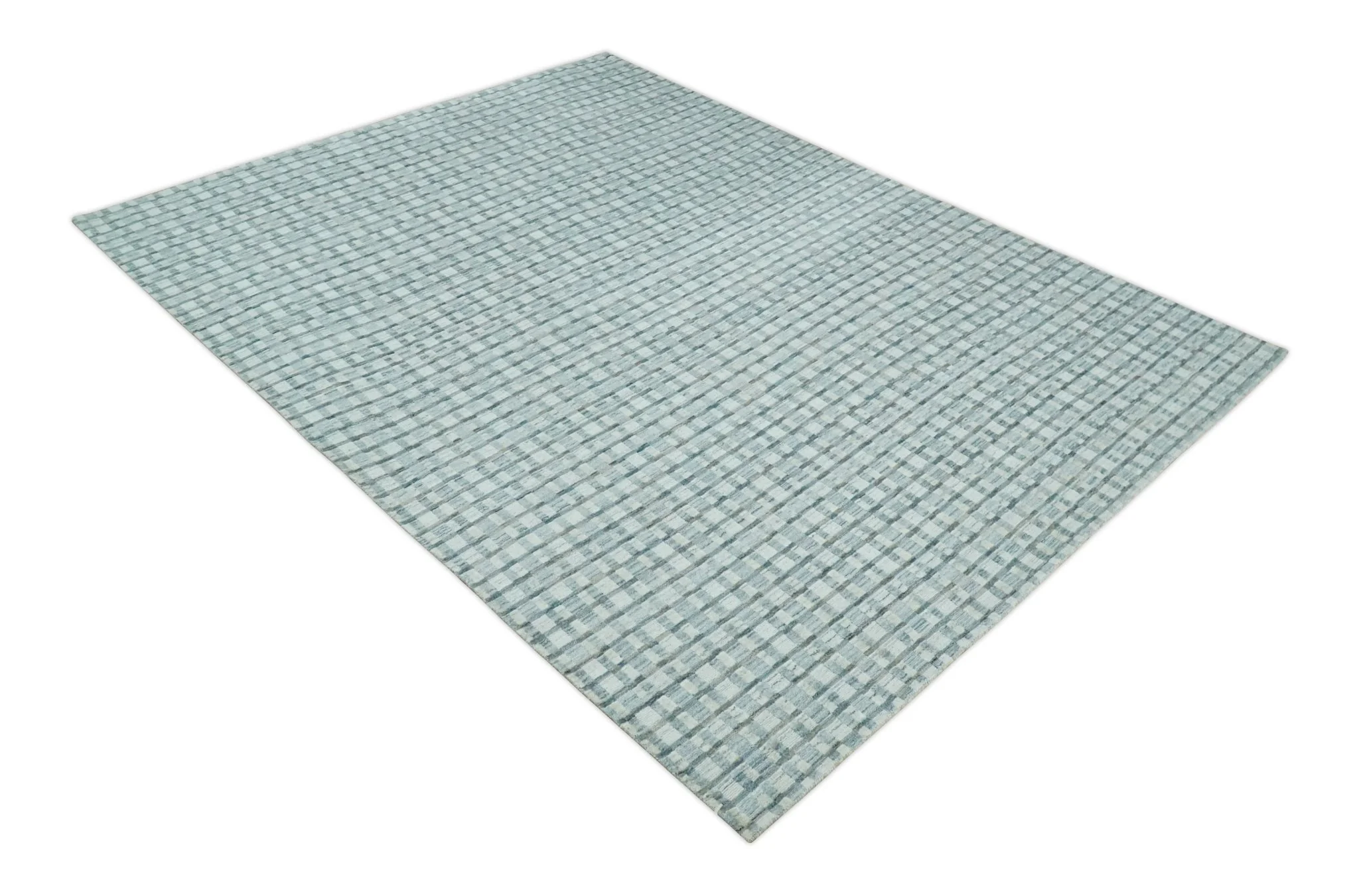 8x10 Hand Made Checkered Ivory, Teal and Gray Scandinavian Blended Wool Flatwoven Area Rug | KE18 - Image 10