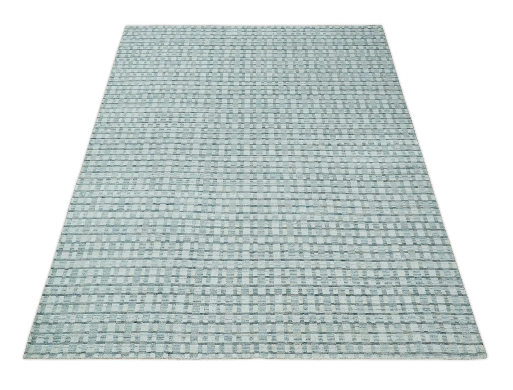 8x10 Hand Made Checkered Ivory, Teal and Gray Scandinavian Blended Wool Flatwoven Area Rug | KE18 - Image 11