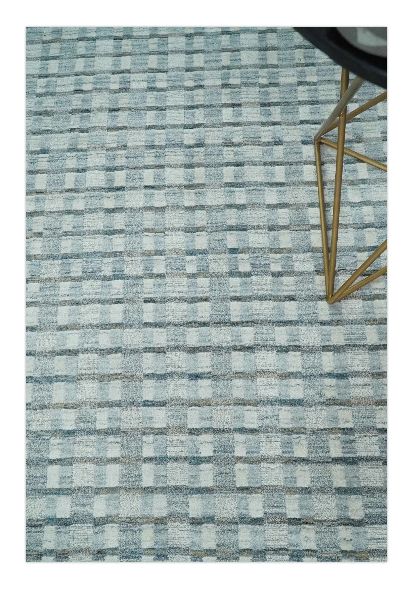 8x10 Hand Made Checkered Ivory, Teal and Gray Scandinavian Blended Wool Flatwoven Area Rug | KE18 - Image 2