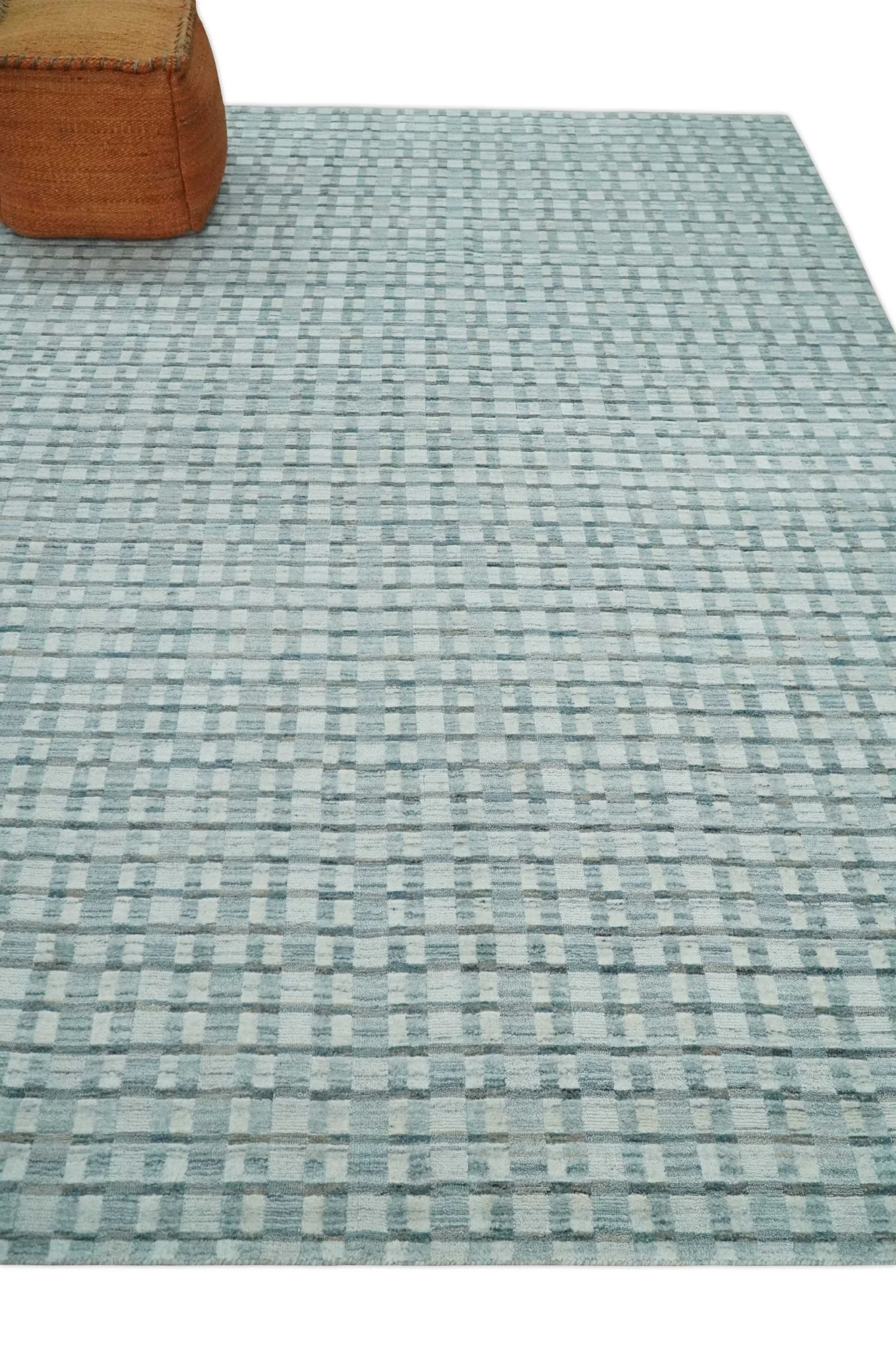 8x10 Hand Made Checkered Ivory, Teal and Gray Scandinavian Blended Wool Flatwoven Area Rug | KE18 - Image 3