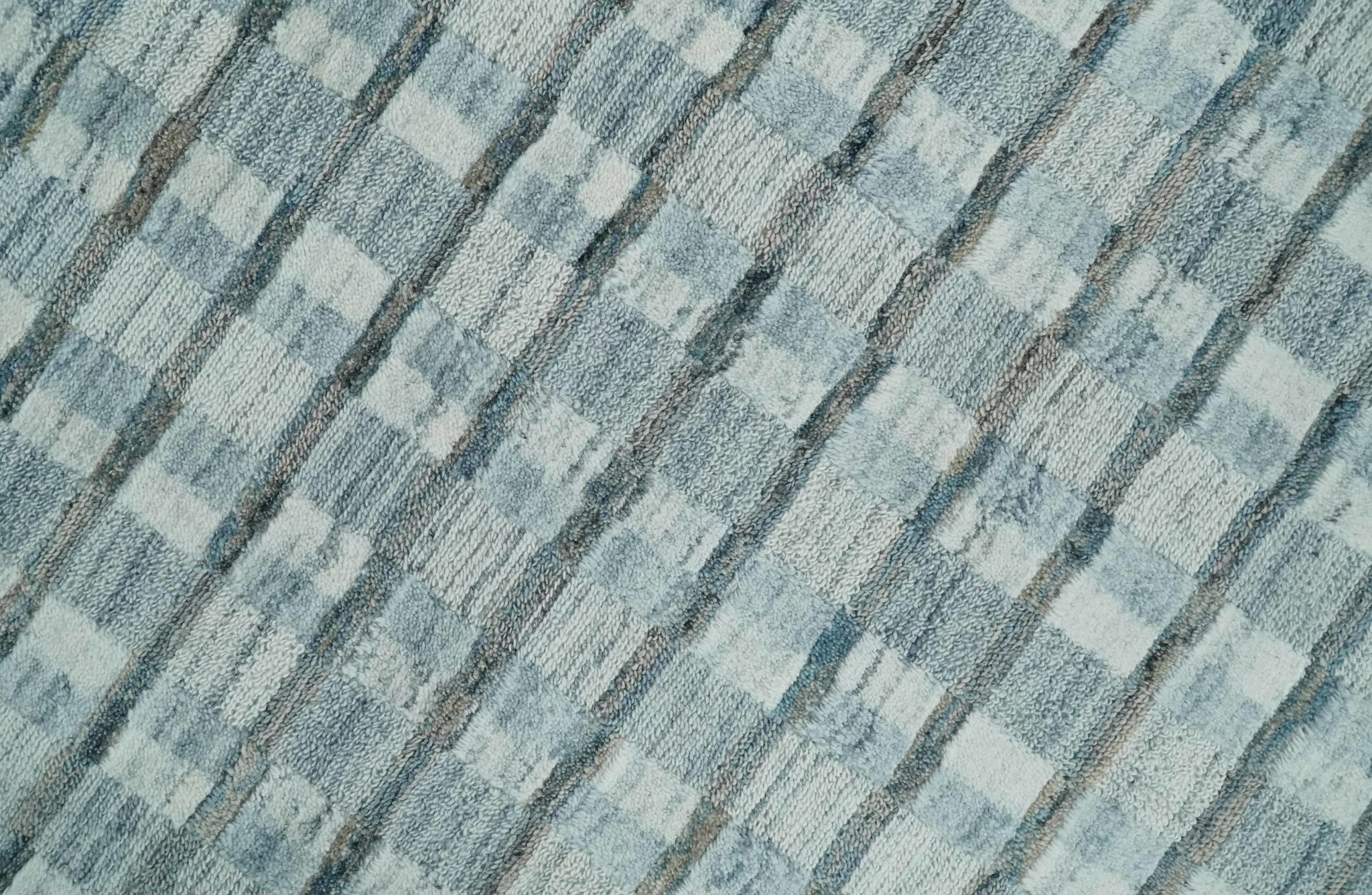 8x10 Hand Made Checkered Ivory, Teal and Gray Scandinavian Blended Wool Flatwoven Area Rug | KE18 - Image 4