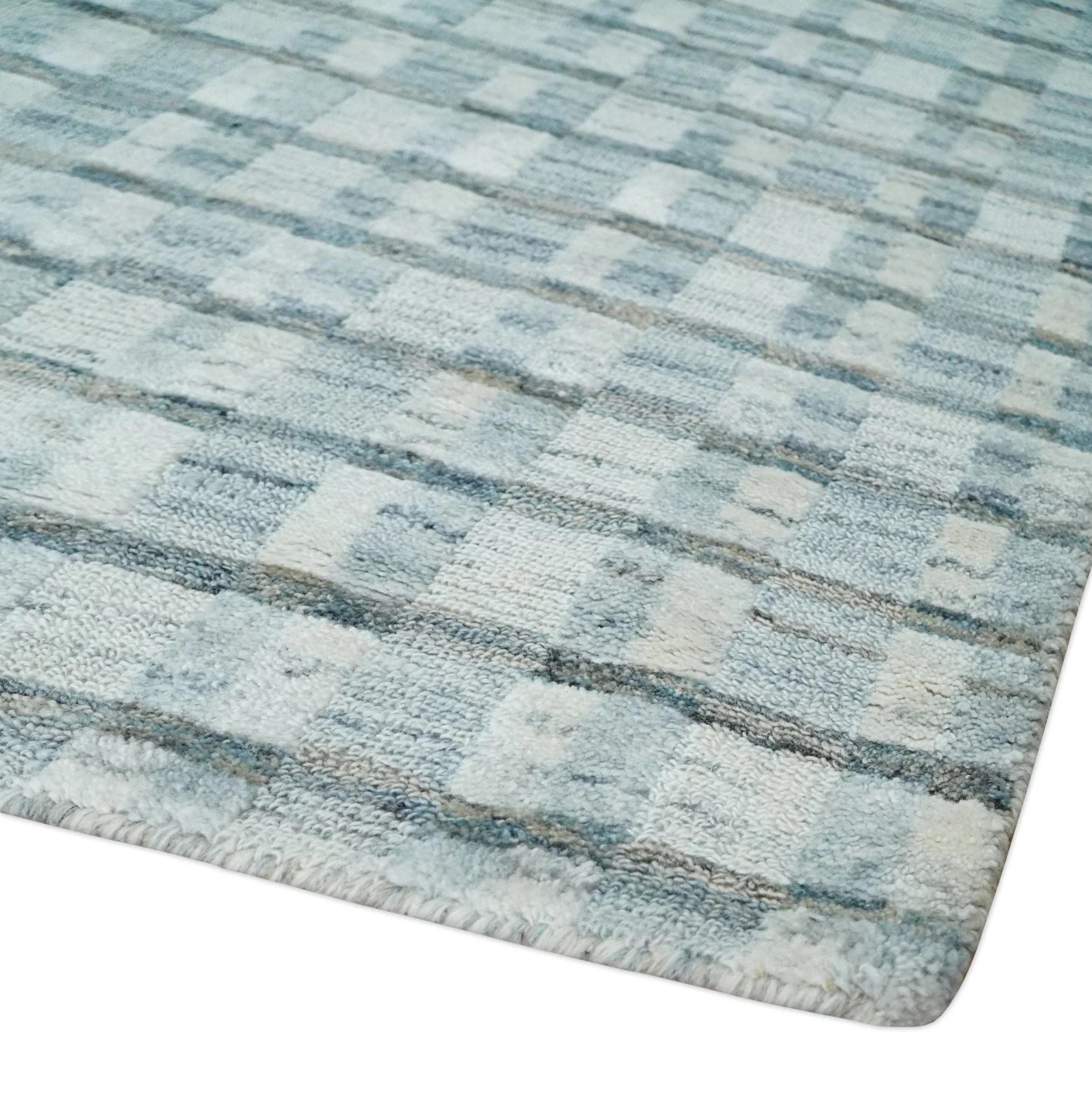 8x10 Hand Made Checkered Ivory, Teal and Gray Scandinavian Blended Wool Flatwoven Area Rug | KE18 - Image 5