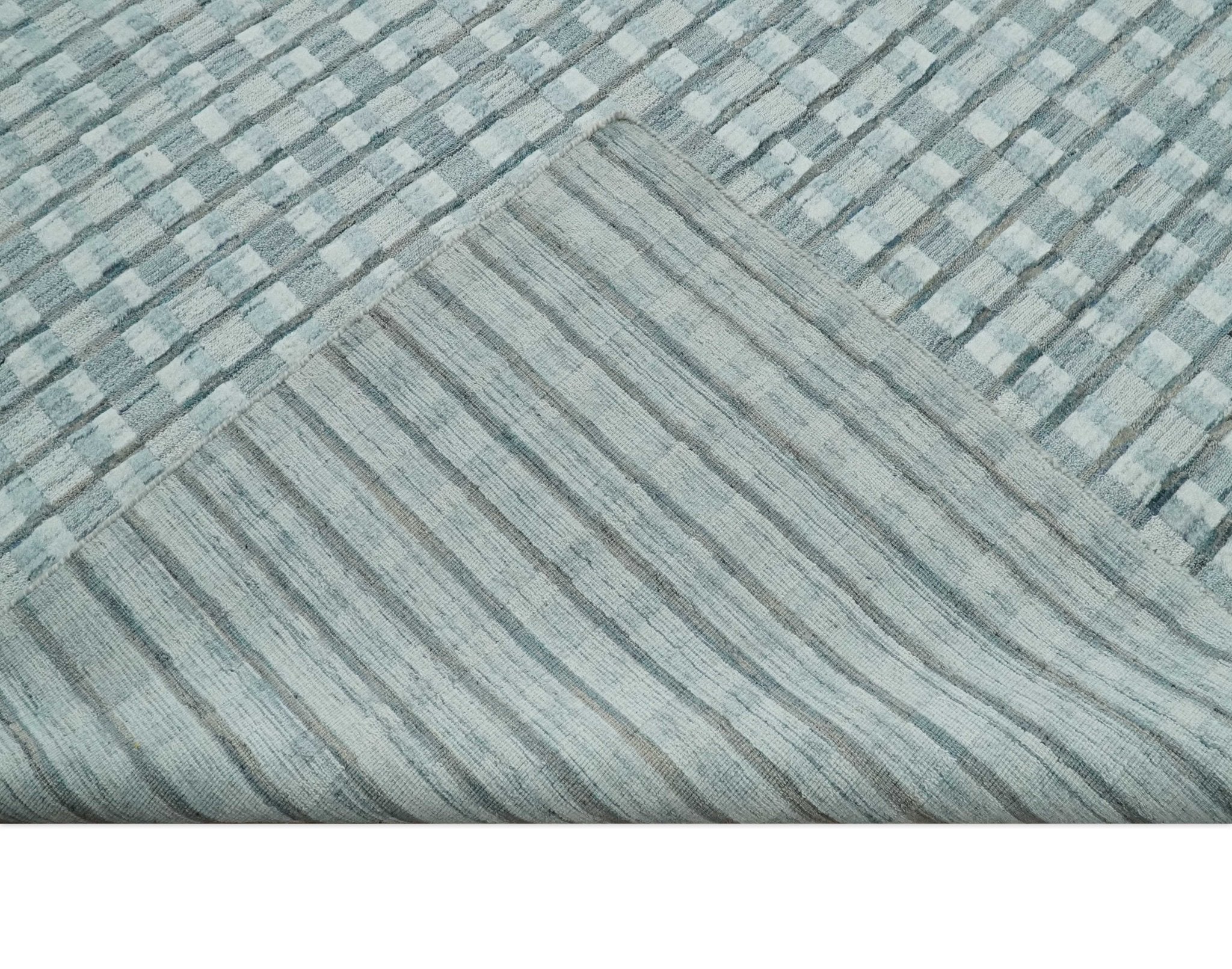 8x10 Hand Made Checkered Ivory, Teal and Gray Scandinavian Blended Wool Flatwoven Area Rug | KE18 - Image 7