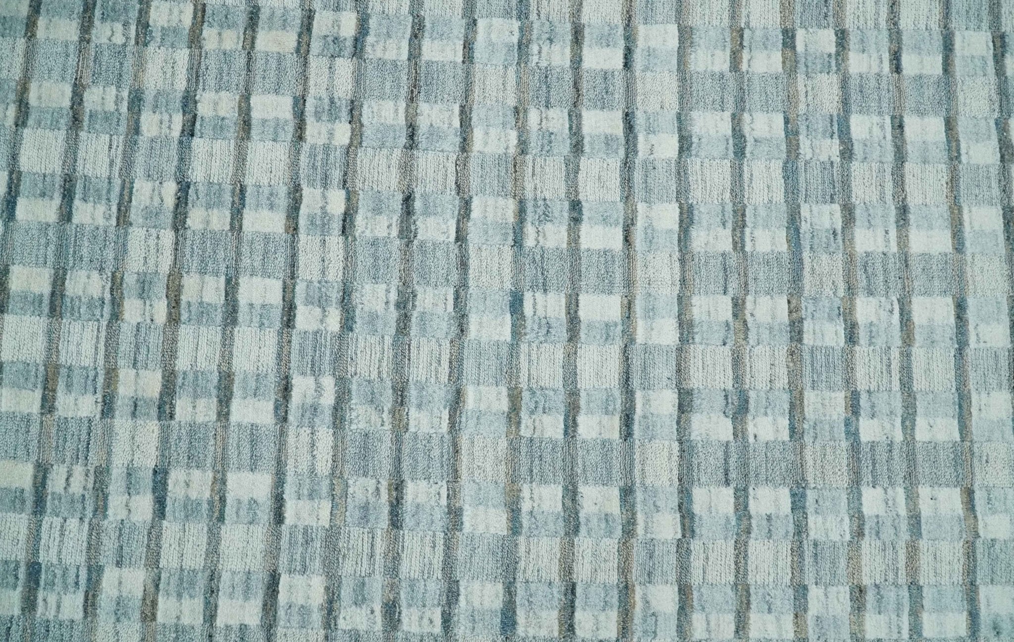 8x10 Hand Made Checkered Ivory, Teal and Gray Scandinavian Blended Wool Flatwoven Area Rug | KE18 - Image 9