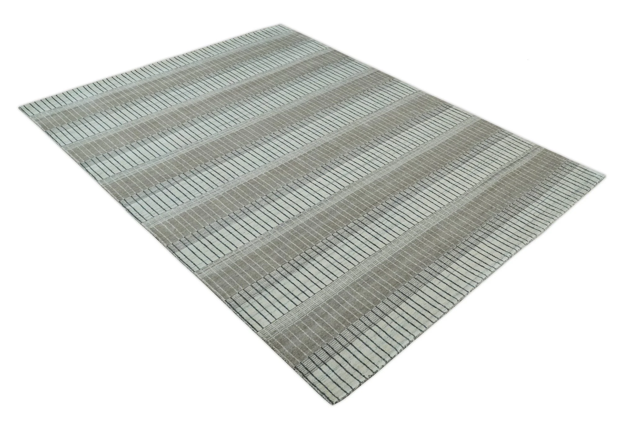 Modern 8x10 Hand Made Stripes Ivory, Black and Brown Scandinavian Blended Wool Flatwoven Area Rug | KE5 - Image 10