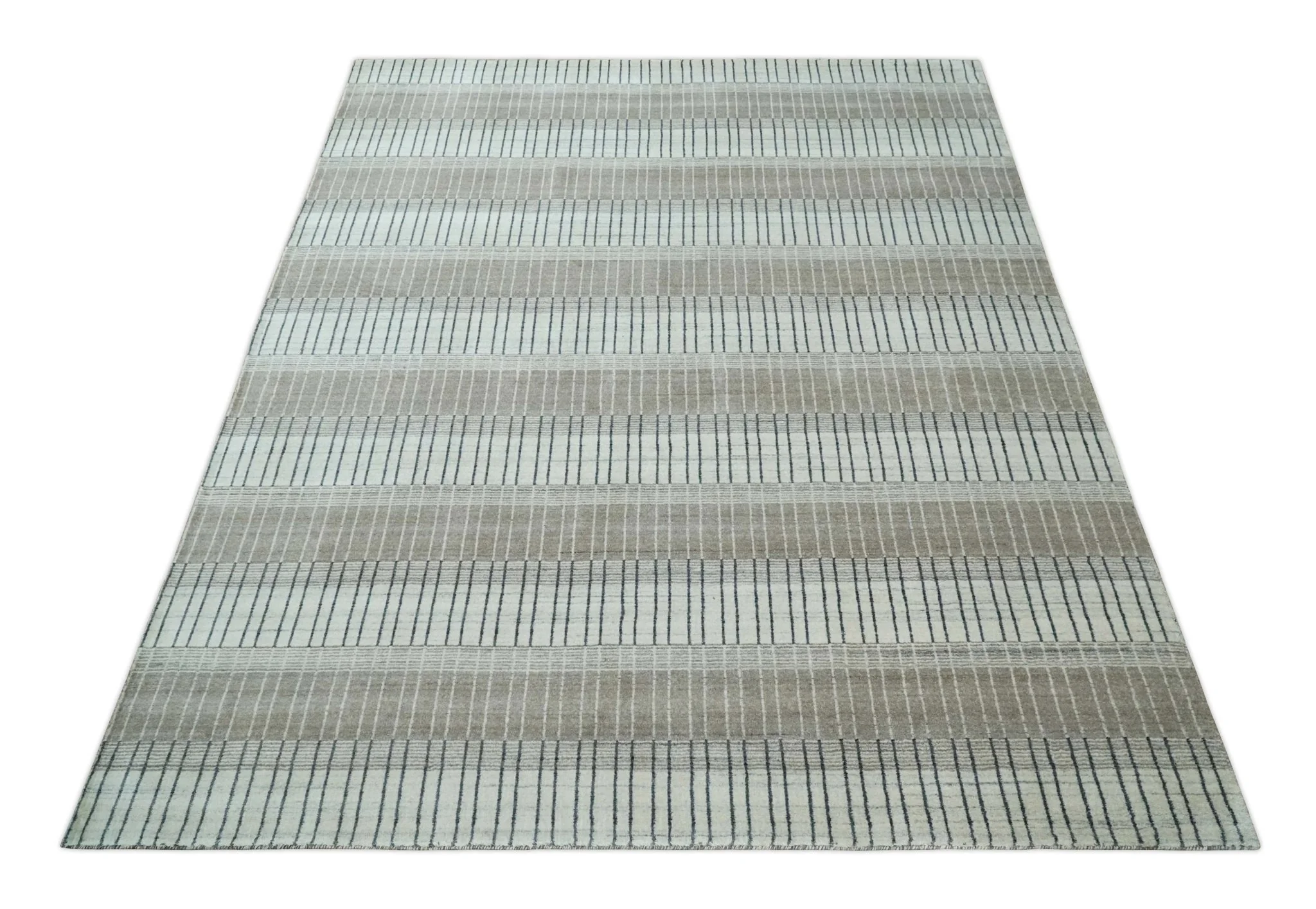Modern 8x10 Hand Made Stripes Ivory, Black and Brown Scandinavian Blended Wool Flatwoven Area Rug | KE5 - Image 11