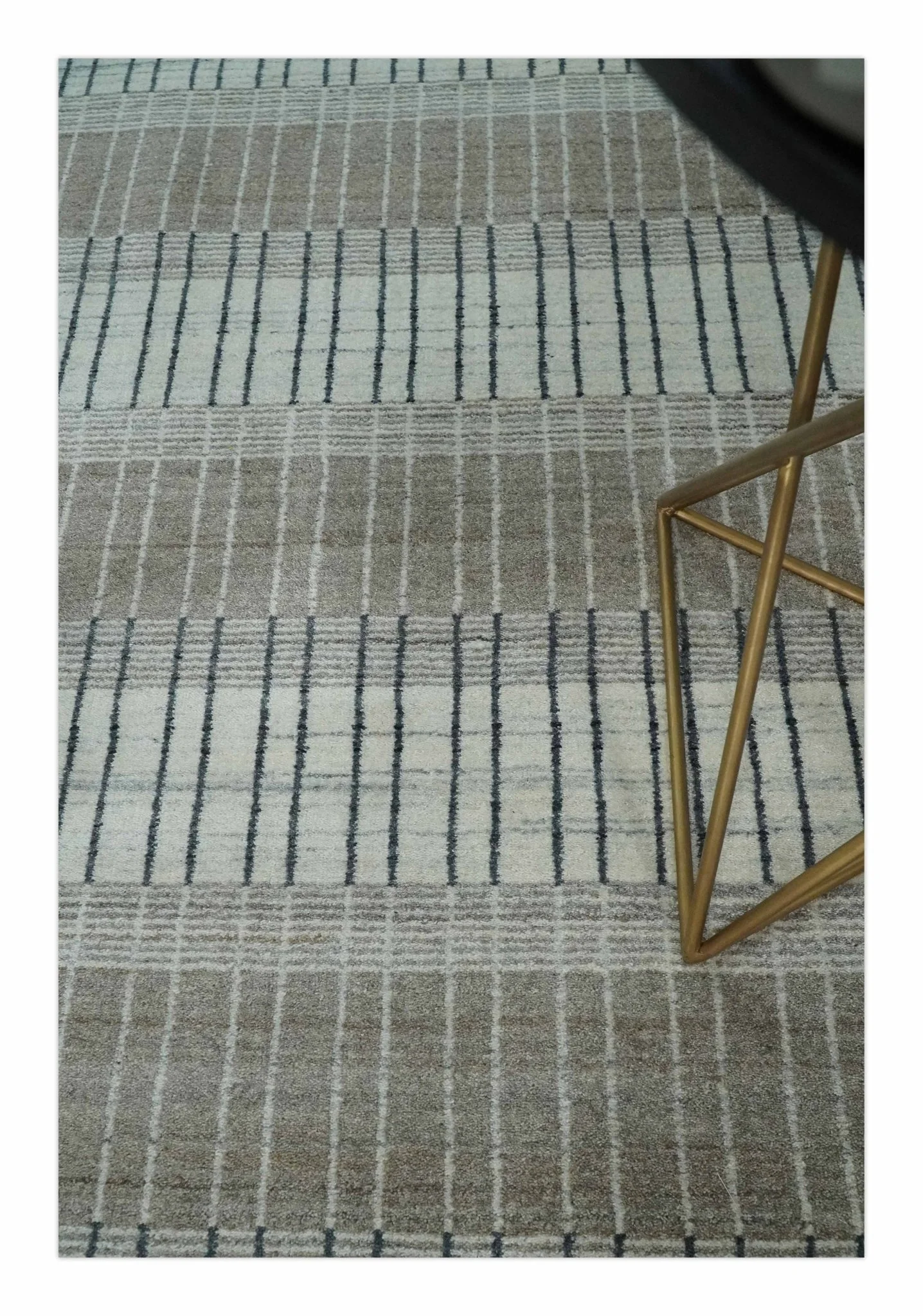Modern 8x10 Hand Made Stripes Ivory, Black and Brown Scandinavian Blended Wool Flatwoven Area Rug | KE5 - Image 2
