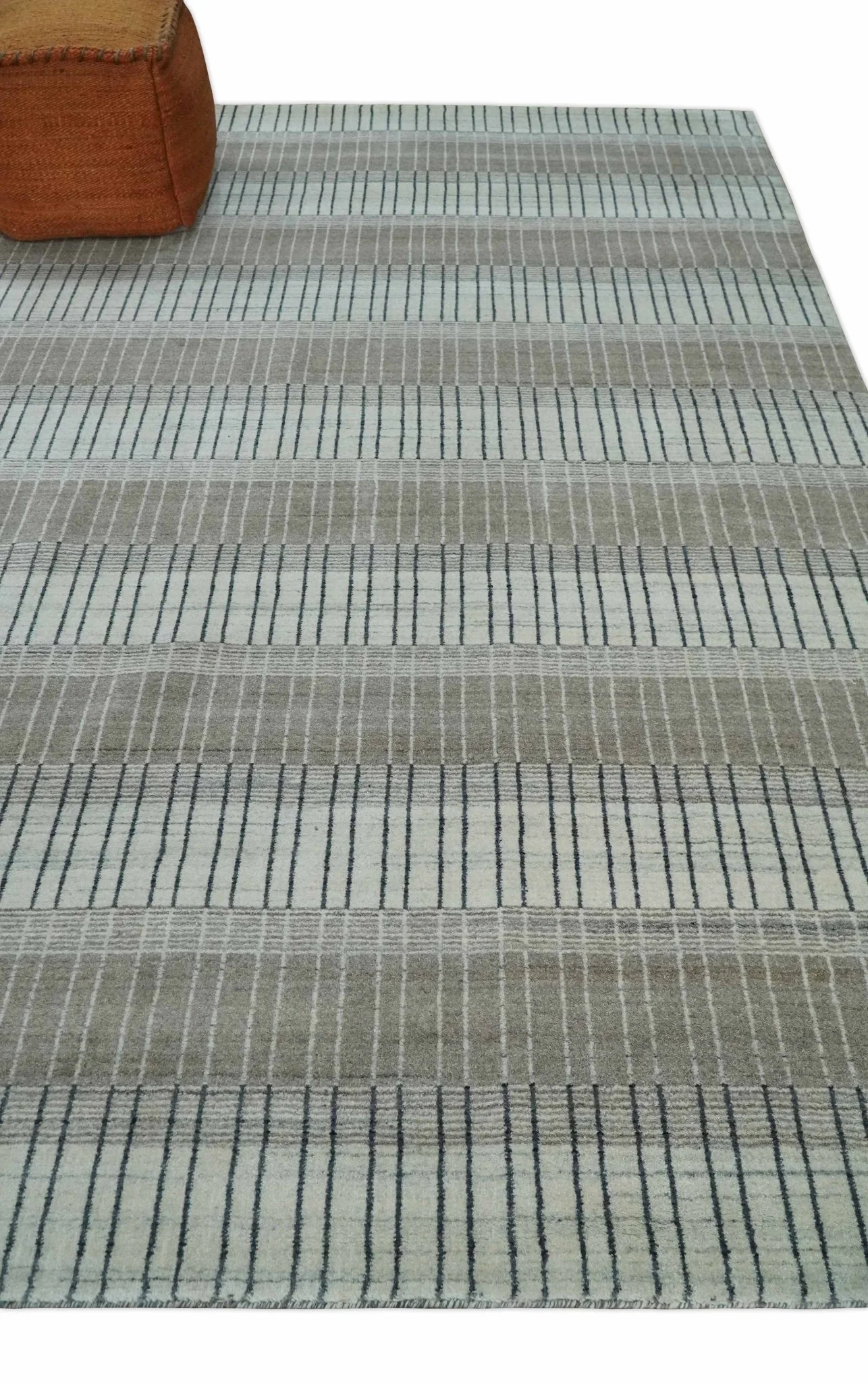 Modern 8x10 Hand Made Stripes Ivory, Black and Brown Scandinavian Blended Wool Flatwoven Area Rug | KE5 - Image 3