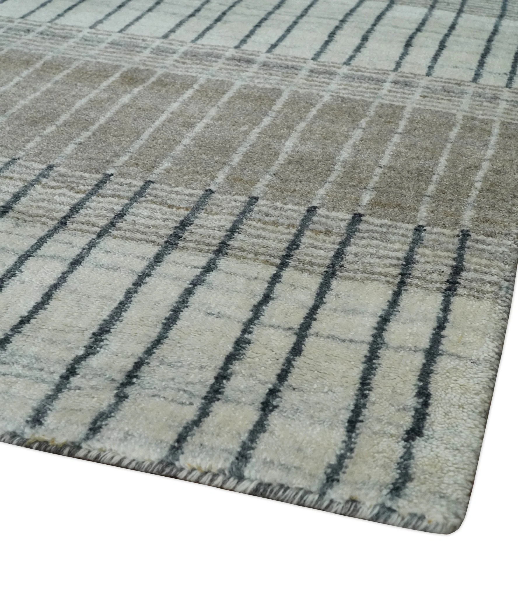 Modern 8x10 Hand Made Stripes Ivory, Black and Brown Scandinavian Blended Wool Flatwoven Area Rug | KE5 - Image 5