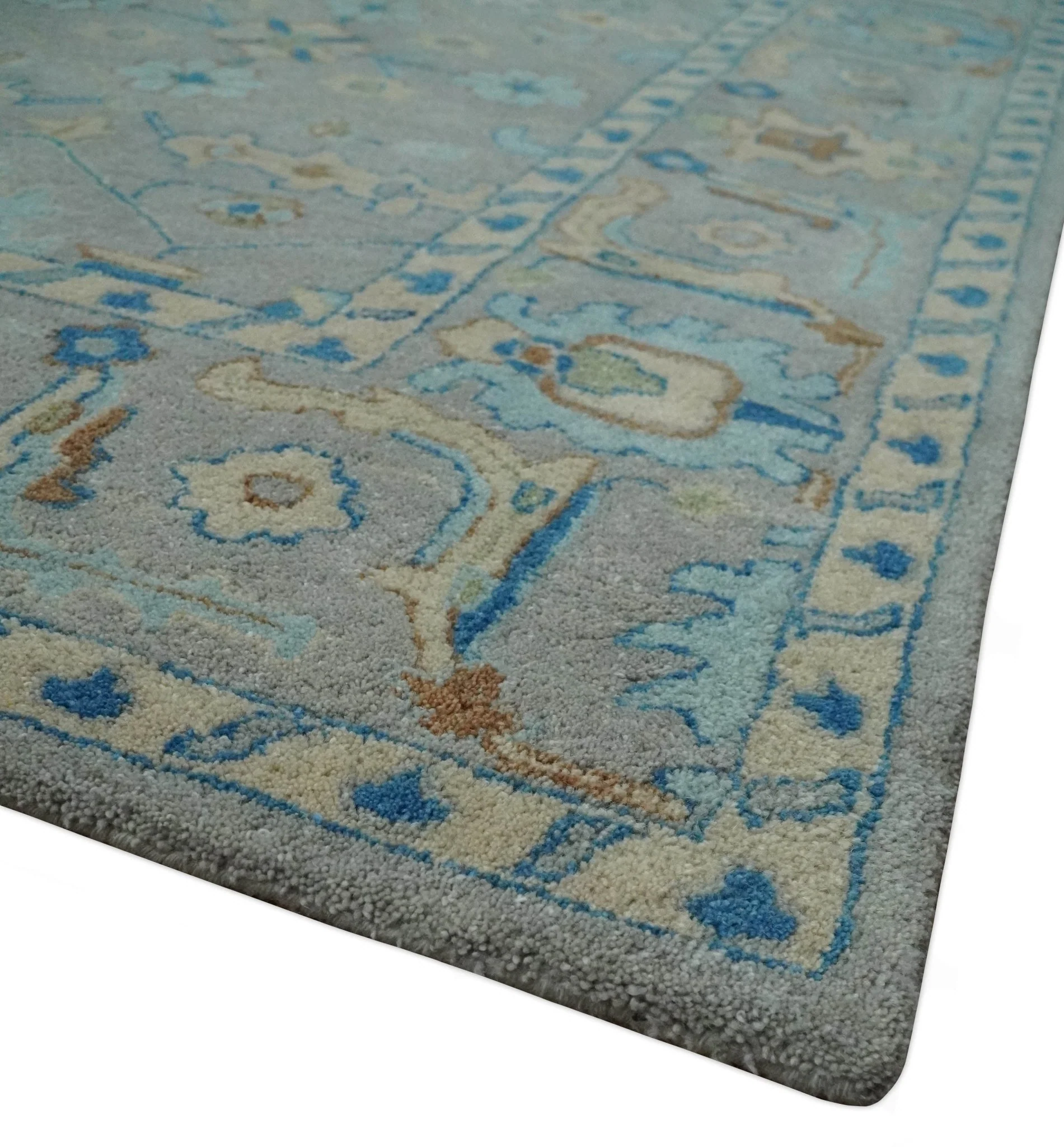 8x10 Hand Tufted Gray, Beige and Accent Blue Traditional Herati Design Wool Rug - Image 5