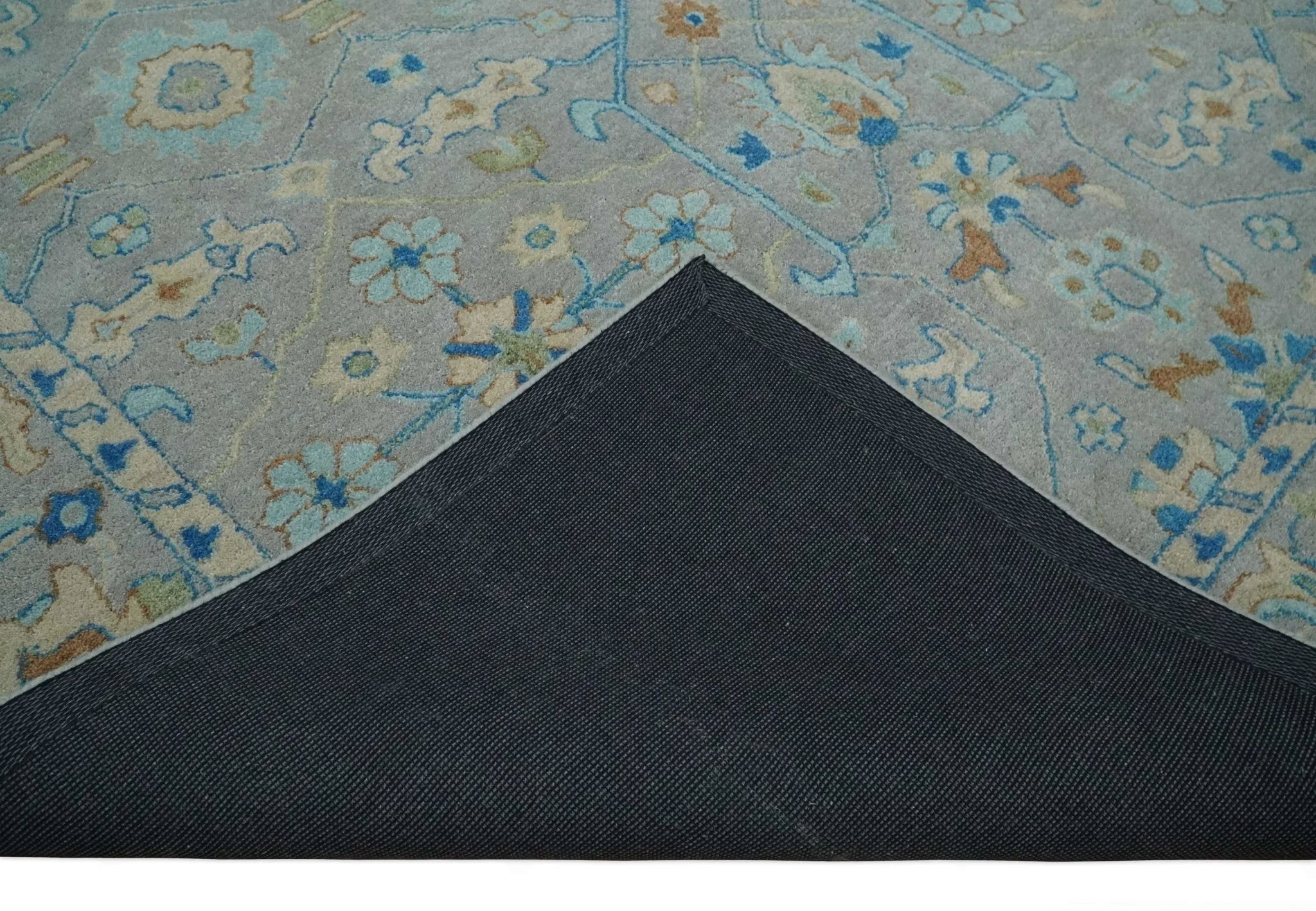 8x10 Hand Tufted Gray, Beige and Accent Blue Traditional Herati Design Wool Rug - Image 7