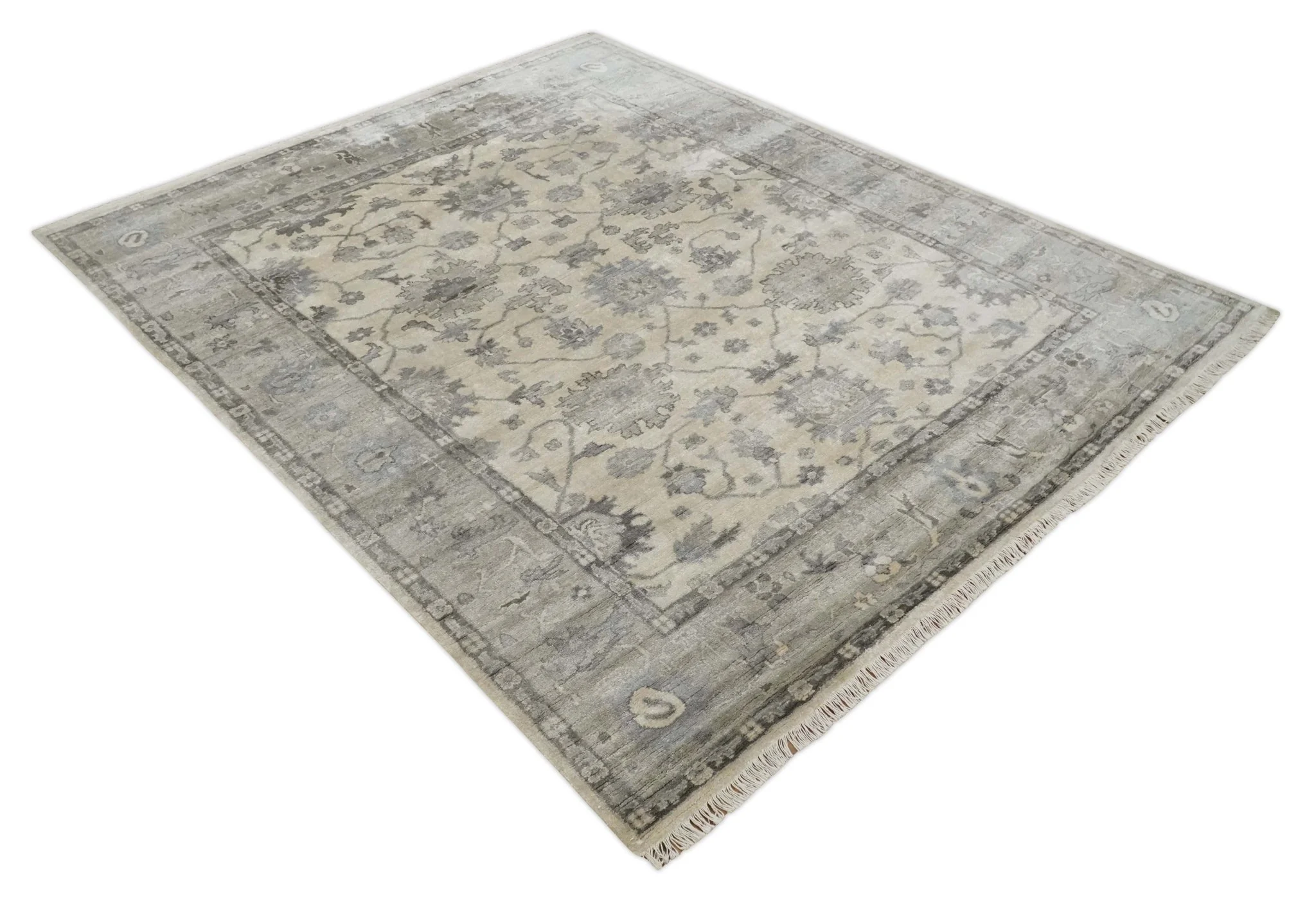 Ivory, Silver and Charcoal 8x10 Hand Knotted All Bamboo Silk Fine Oushak Area Rug - Image 10