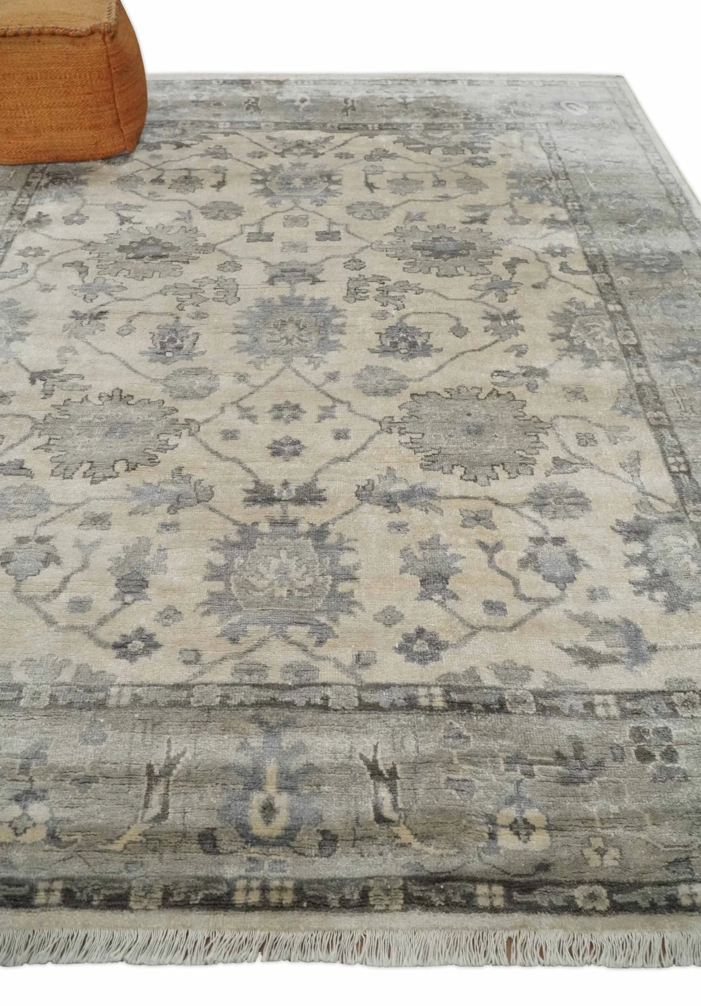 Ivory, Silver and Charcoal 8x10 Hand Knotted All Bamboo Silk Fine Oushak Area Rug - Image 3