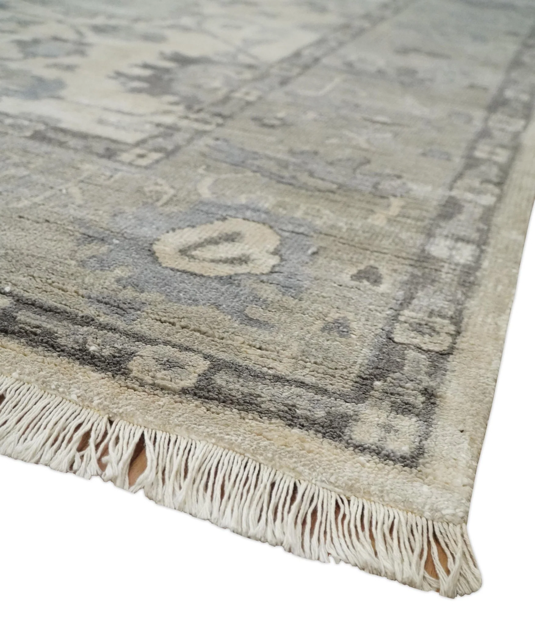 Ivory, Silver and Charcoal 8x10 Hand Knotted All Bamboo Silk Fine Oushak Area Rug - Image 5