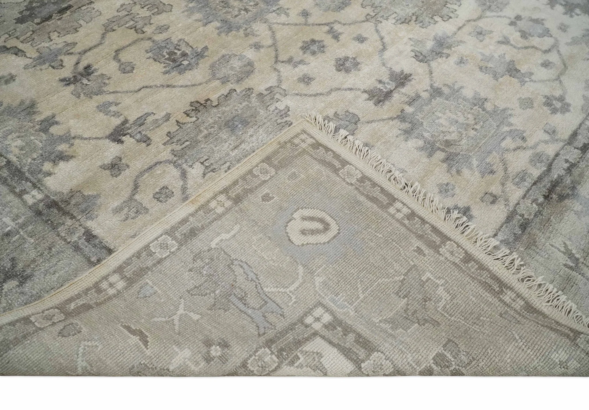 Ivory, Silver and Charcoal 8x10 Hand Knotted All Bamboo Silk Fine Oushak Area Rug - Image 7