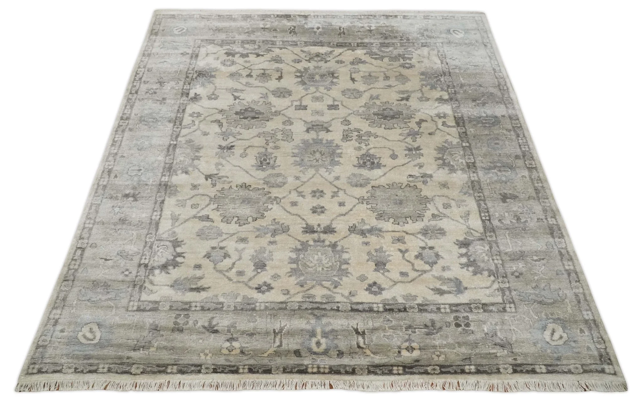 Ivory, Silver and Charcoal 8x10 Hand Knotted All Bamboo Silk Fine Oushak Area Rug - Image 9