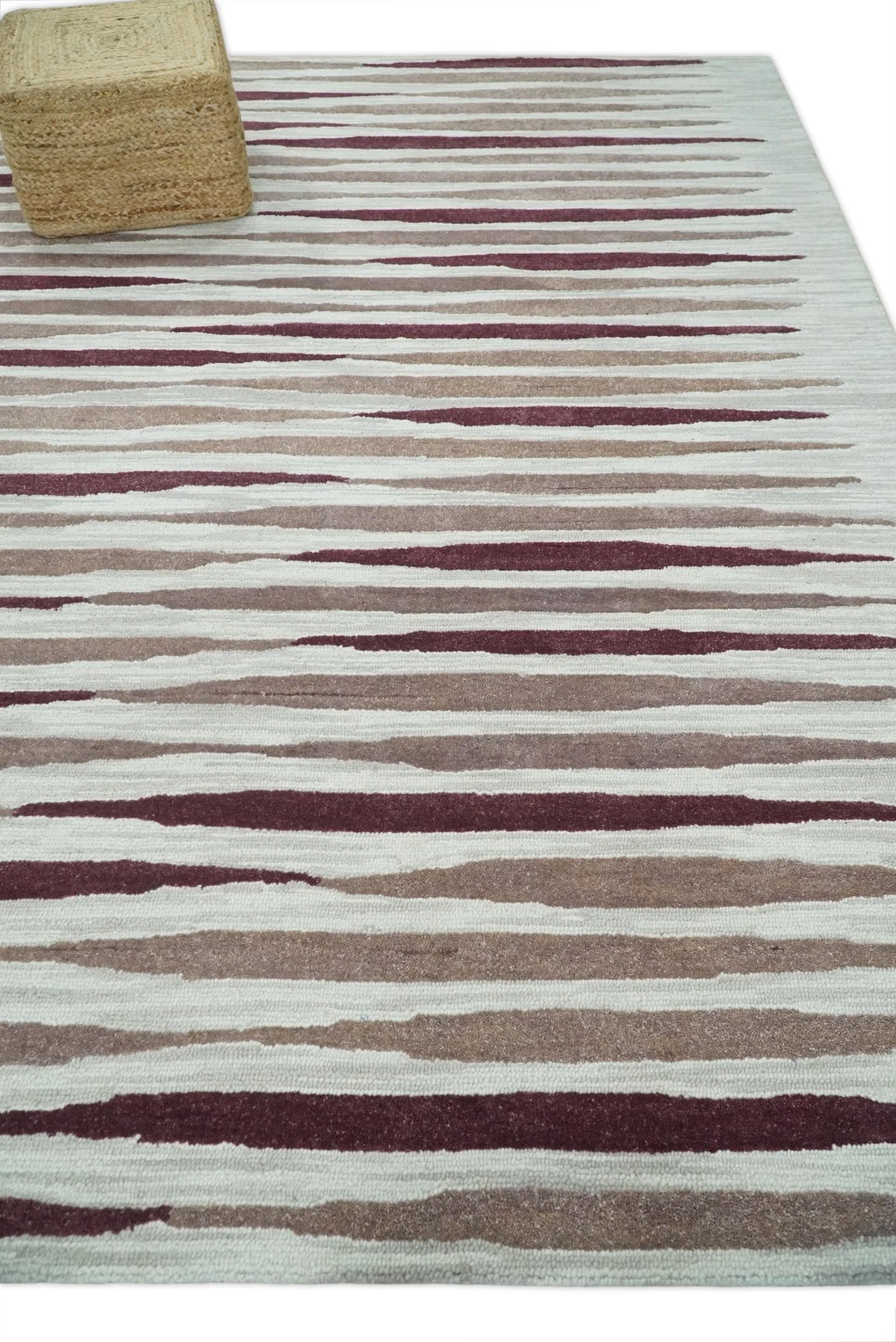 8x10 Ivory and Pink Hand Tufted Modern Scandinavian Stripe Wool Area Rug | YUK2 - Image 3