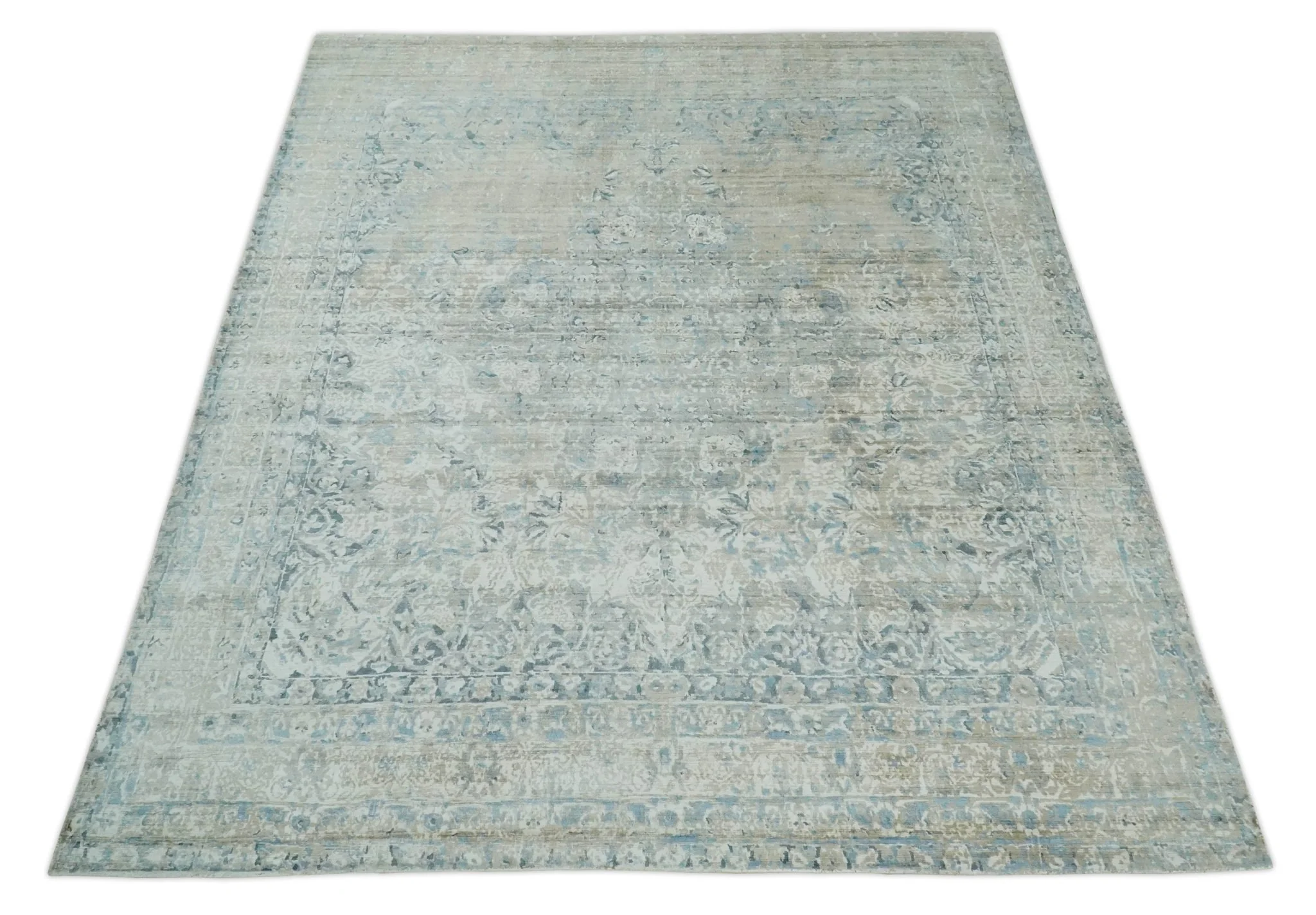 8x10 Ivory, Beige and Blue Traditional Hand Knotted Art Silk Area Rug - Image 10