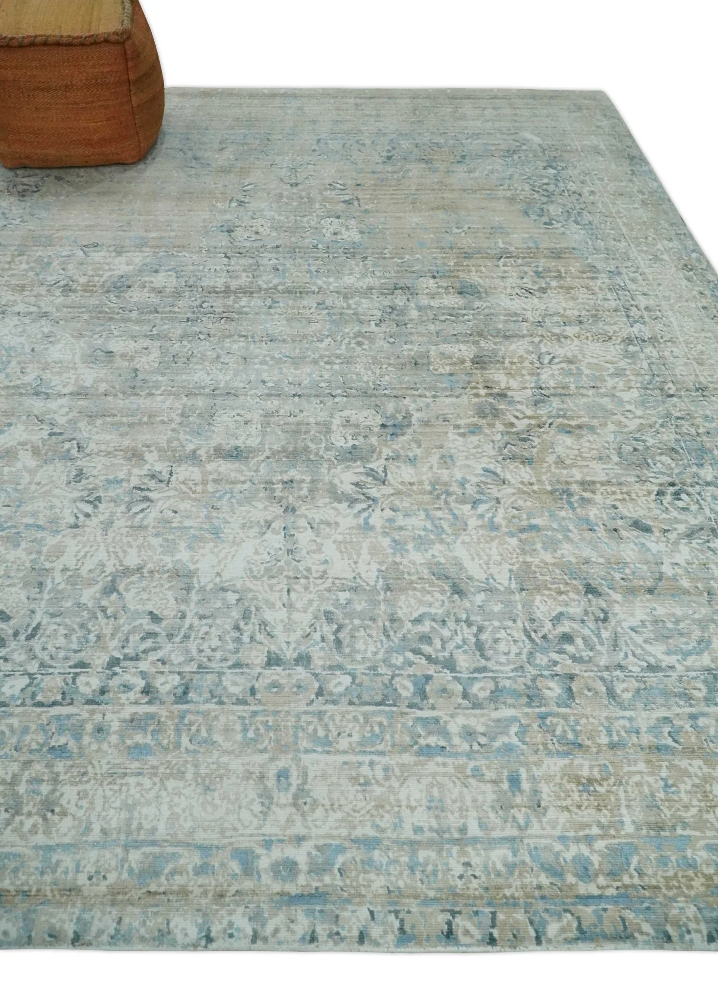 8x10 Ivory, Beige and Blue Traditional Hand Knotted Art Silk Area Rug - Image 3