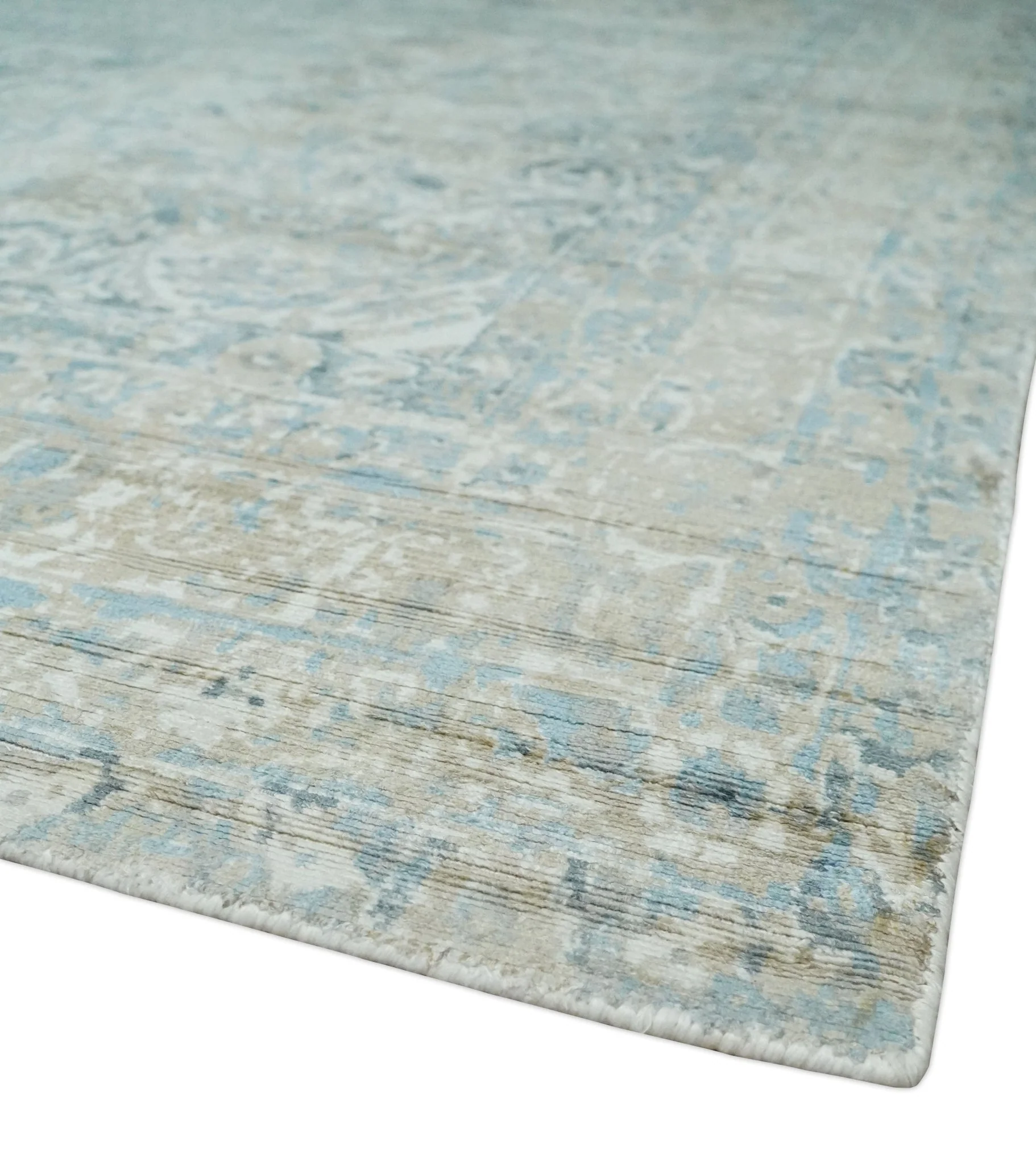 8x10 Ivory, Beige and Blue Traditional Hand Knotted Art Silk Area Rug - Image 5