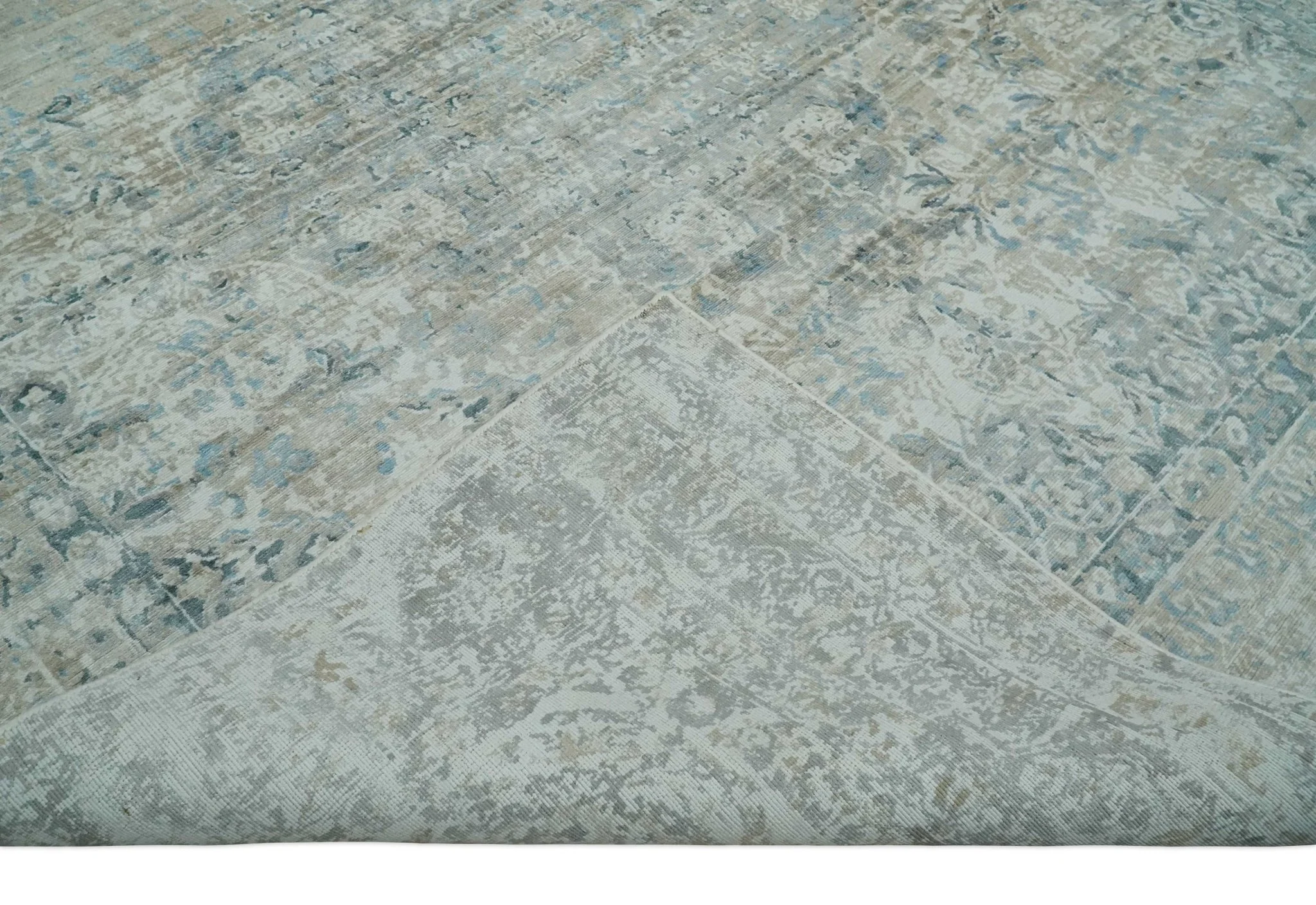 8x10 Ivory, Beige and Blue Traditional Hand Knotted Art Silk Area Rug - Image 6