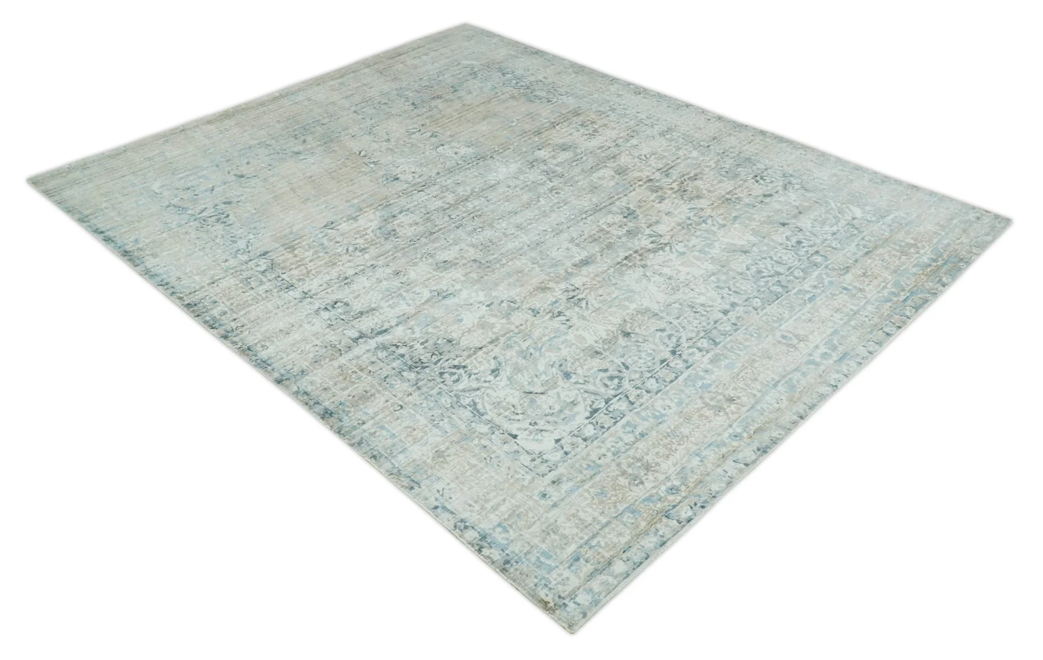 8x10 Ivory, Beige and Blue Traditional Hand Knotted Art Silk Area Rug - Image 9