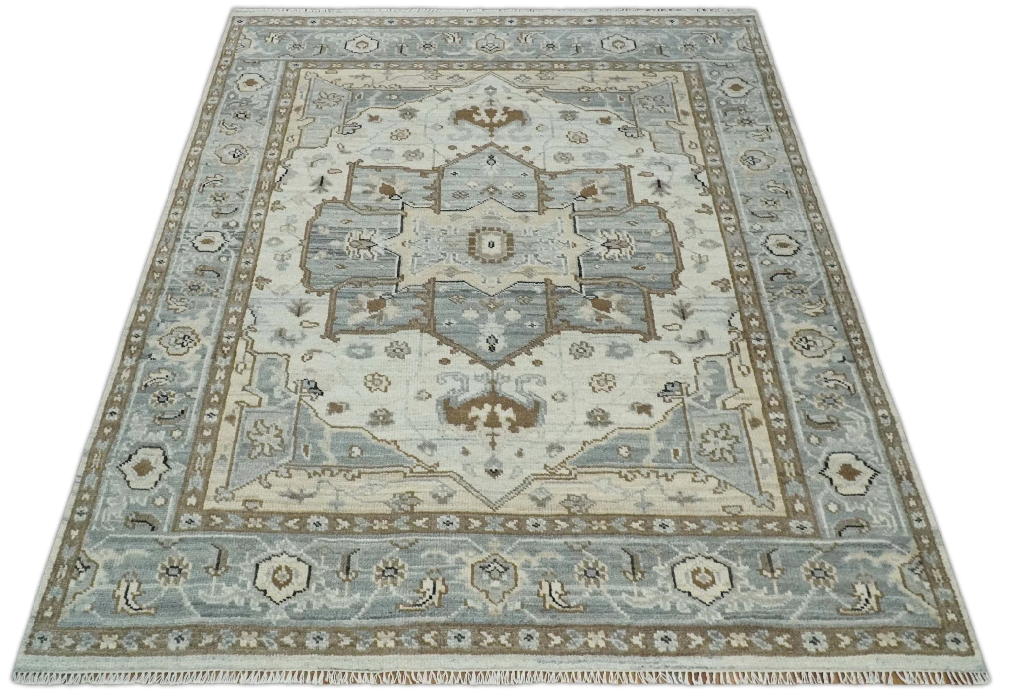 8x10 Ivory, Beige and Silver Traditional Hand Knotted Wool Area Rug - Image 10