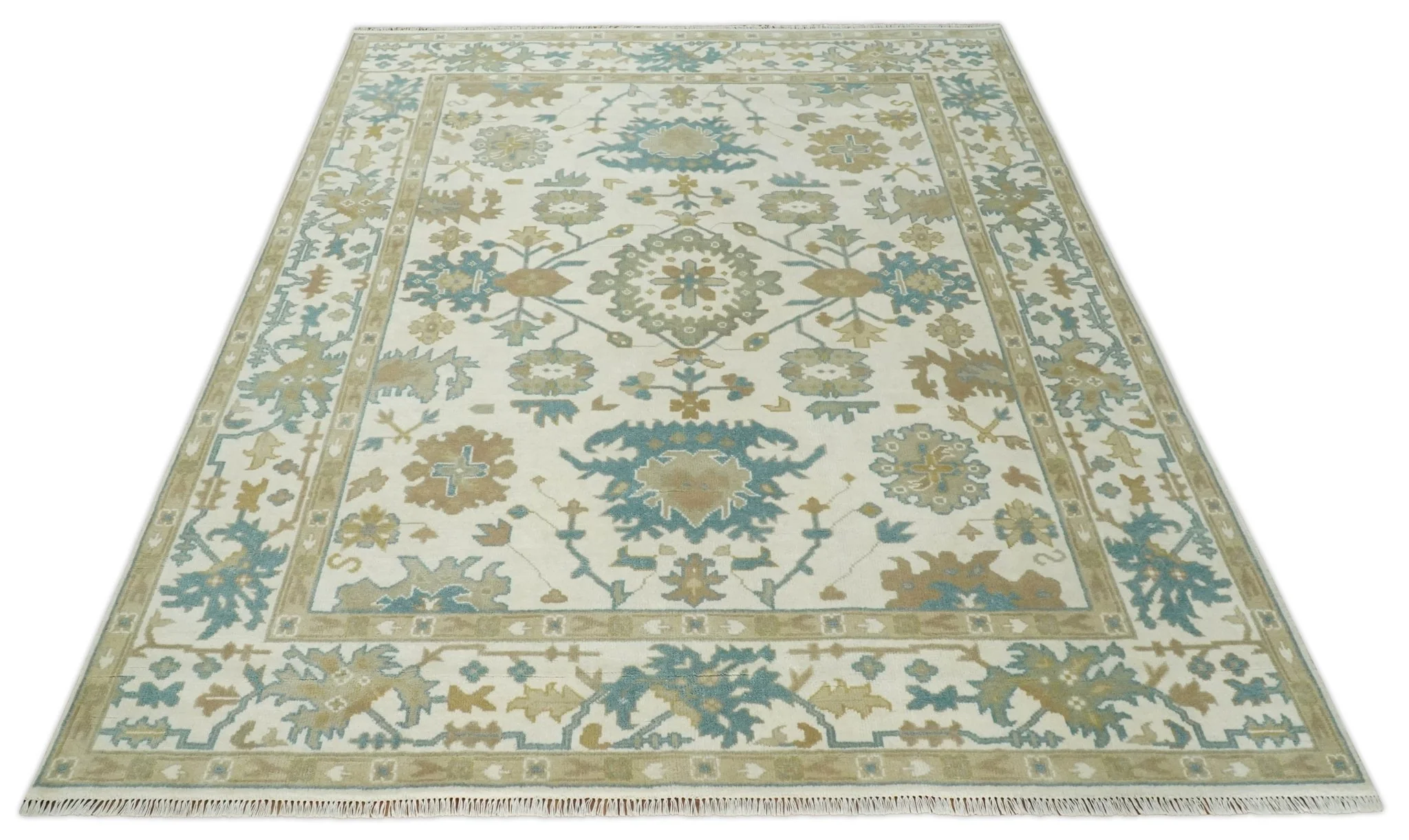 8x10 Ivory, Beige and Teal Hand Knotted Traditional Oushak Wool Area Rug | TRDCP1165810 - Image 10