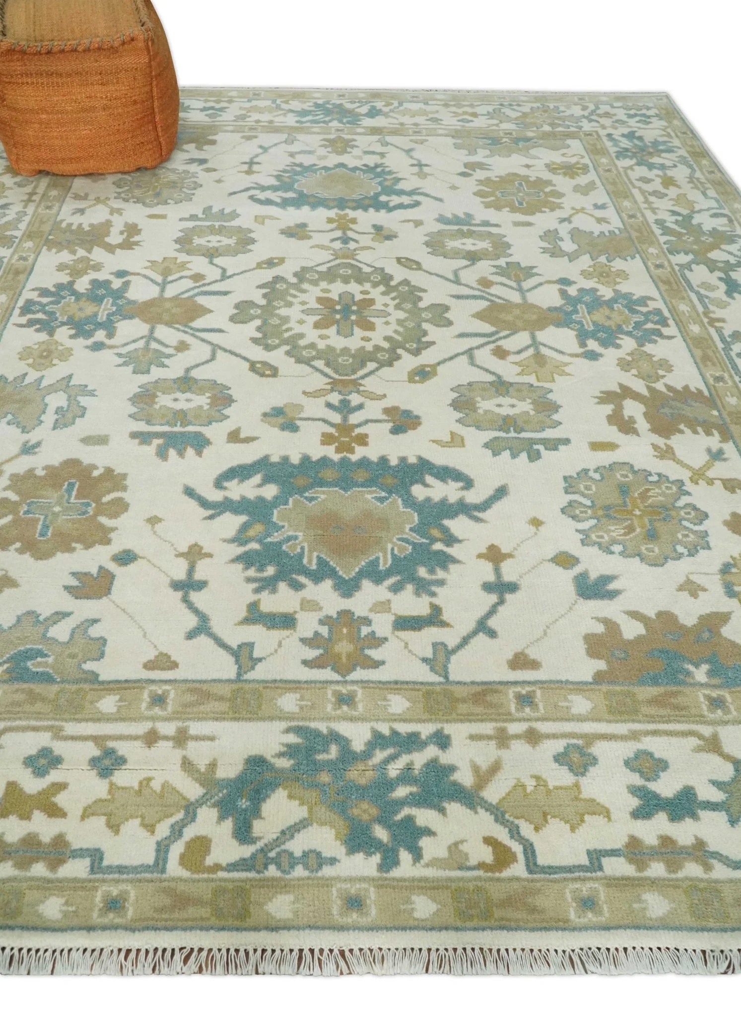 8x10 Ivory, Beige and Teal Hand Knotted Traditional Oushak Wool Area Rug | TRDCP1165810 - Image 3