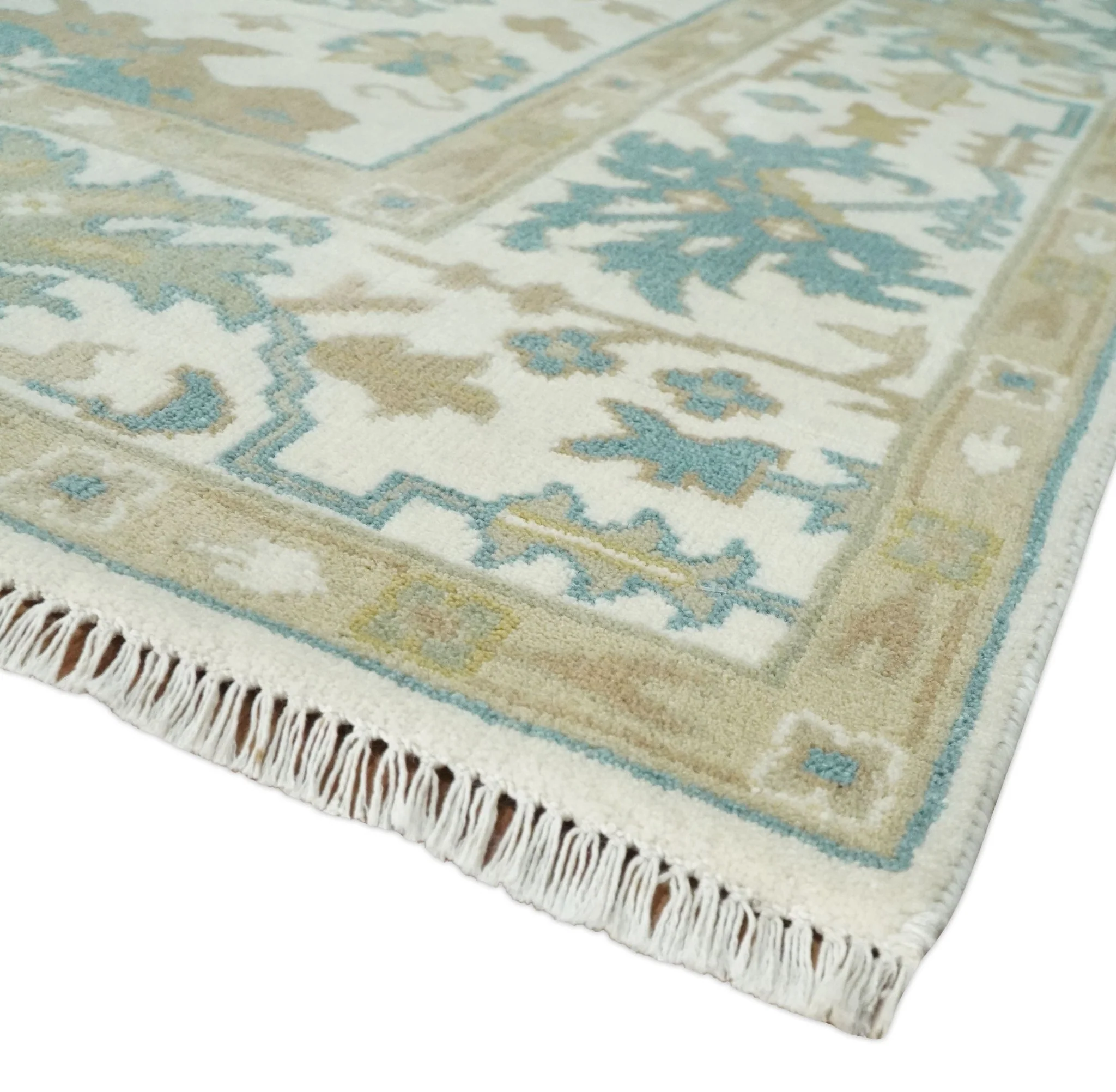 8x10 Ivory, Beige and Teal Hand Knotted Traditional Oushak Wool Area Rug | TRDCP1165810 - Image 5