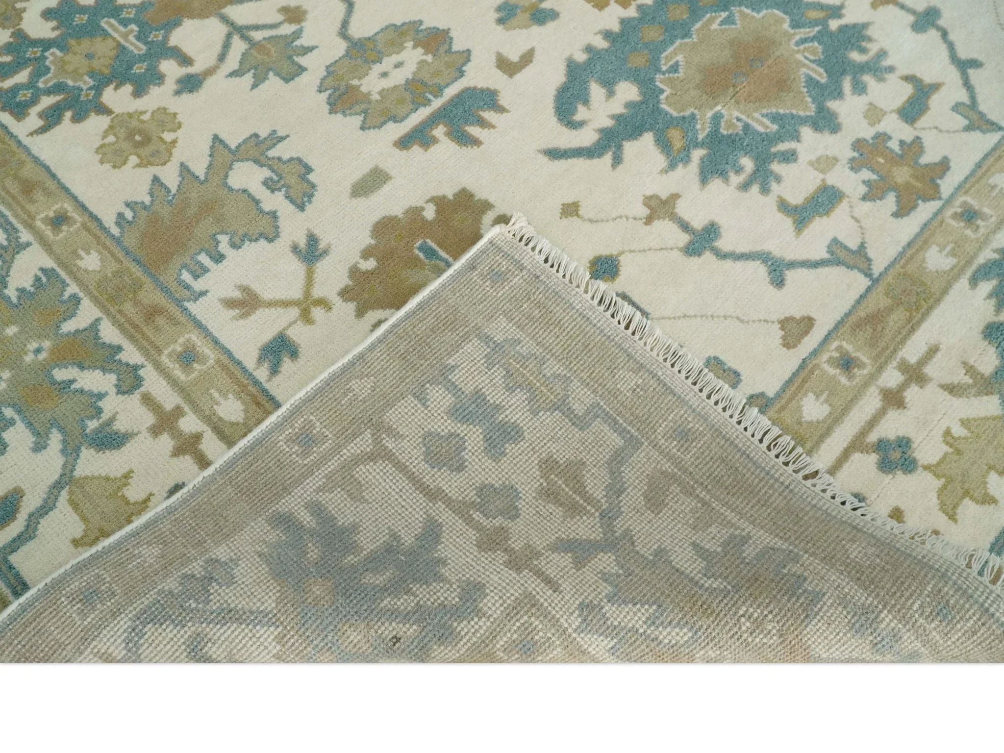 8x10 Ivory, Beige and Teal Hand Knotted Traditional Oushak Wool Area Rug | TRDCP1165810 - Image 7