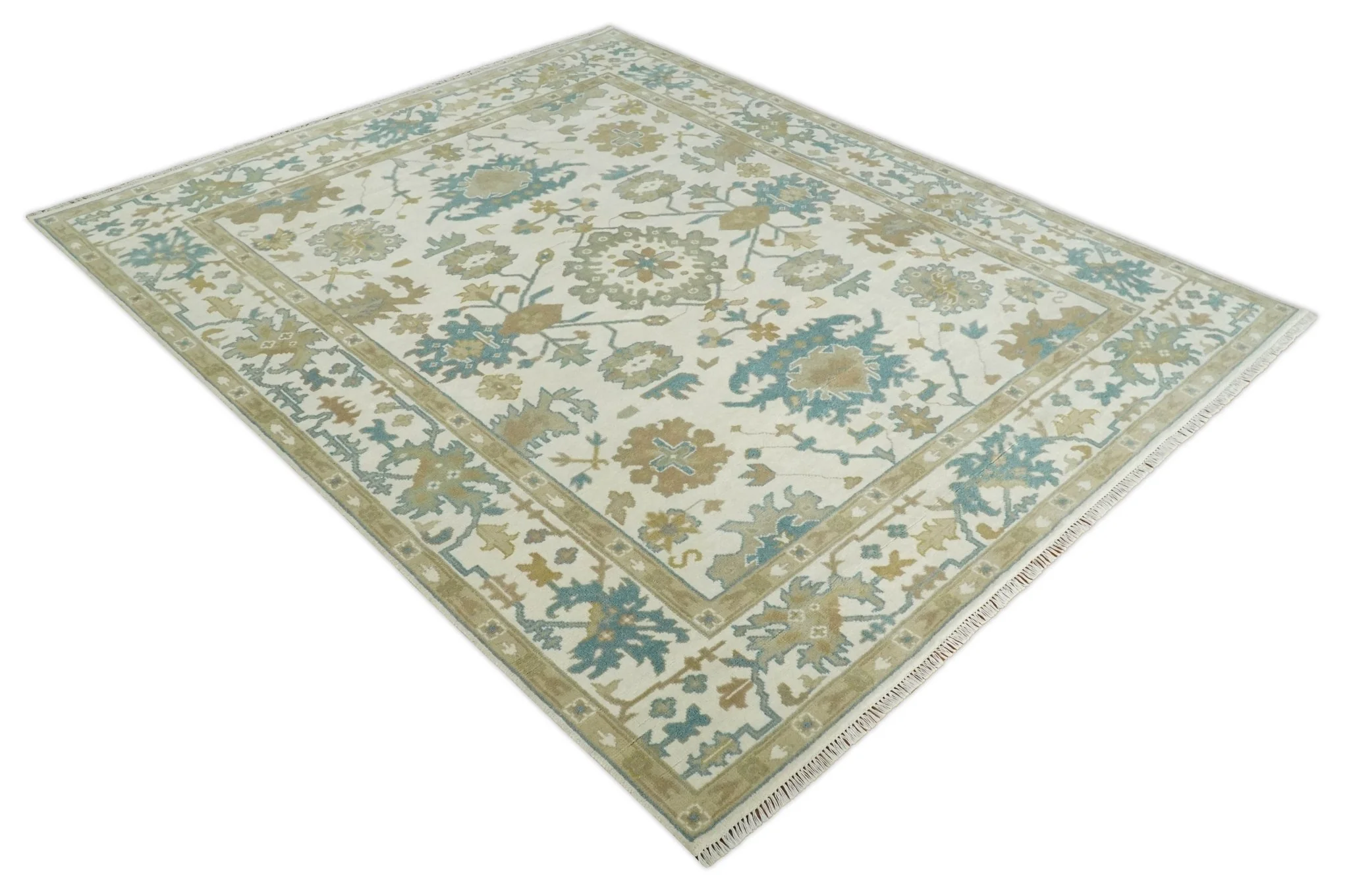 8x10 Ivory, Beige and Teal Hand Knotted Traditional Oushak Wool Area Rug | TRDCP1165810 - Image 9