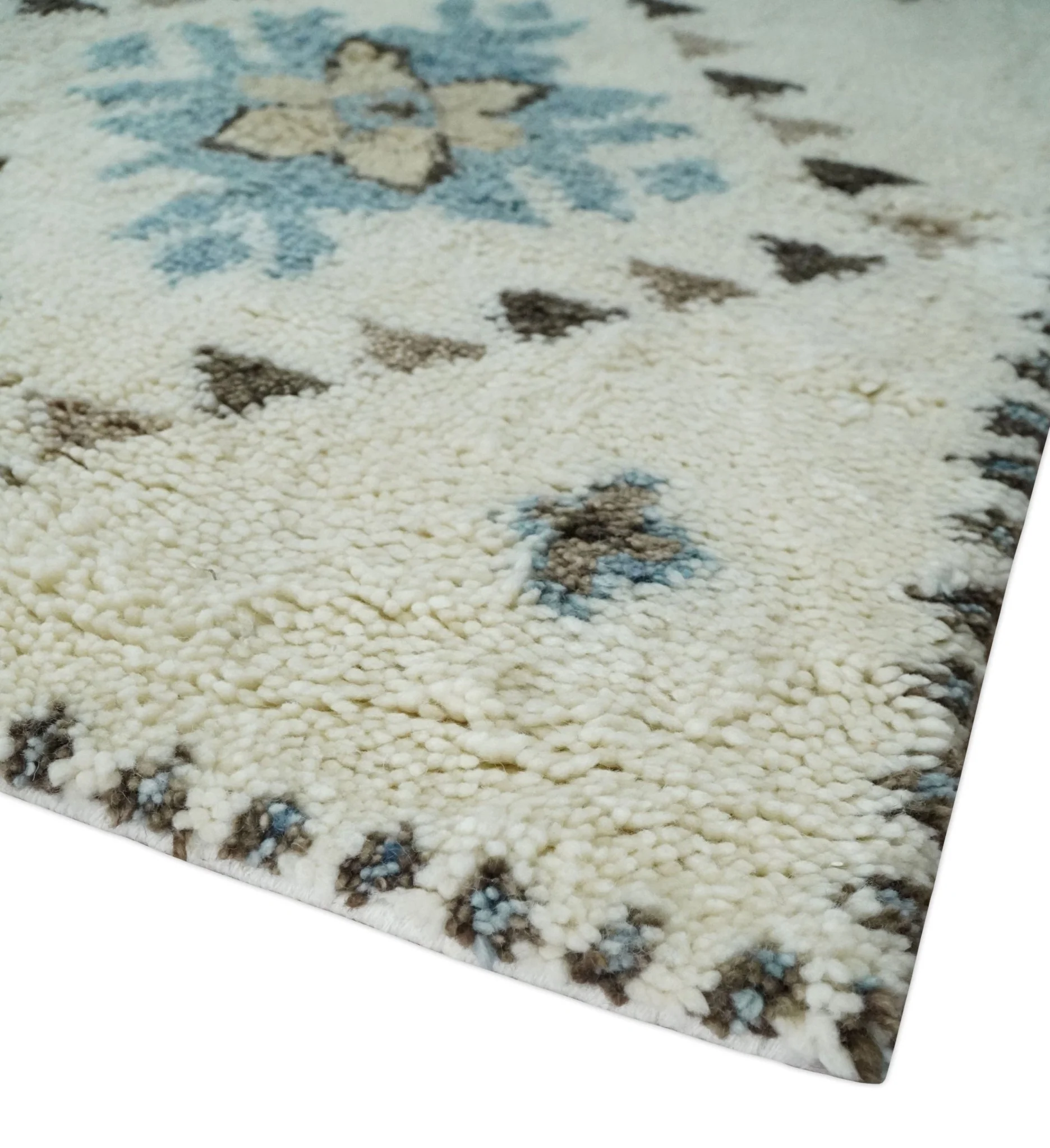 8x10 Tribal Design Ivory, Brown and Blue Traditional Hand Knotted Wool Area Rug - Image 10