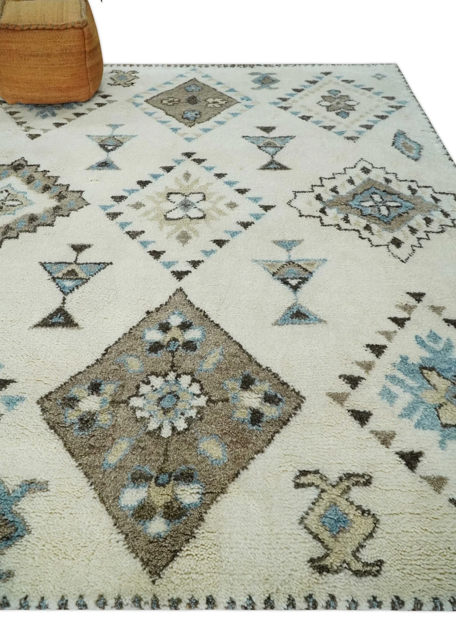 8x10 Tribal Design Ivory, Brown and Blue Traditional Hand Knotted Wool Area Rug - Image 2