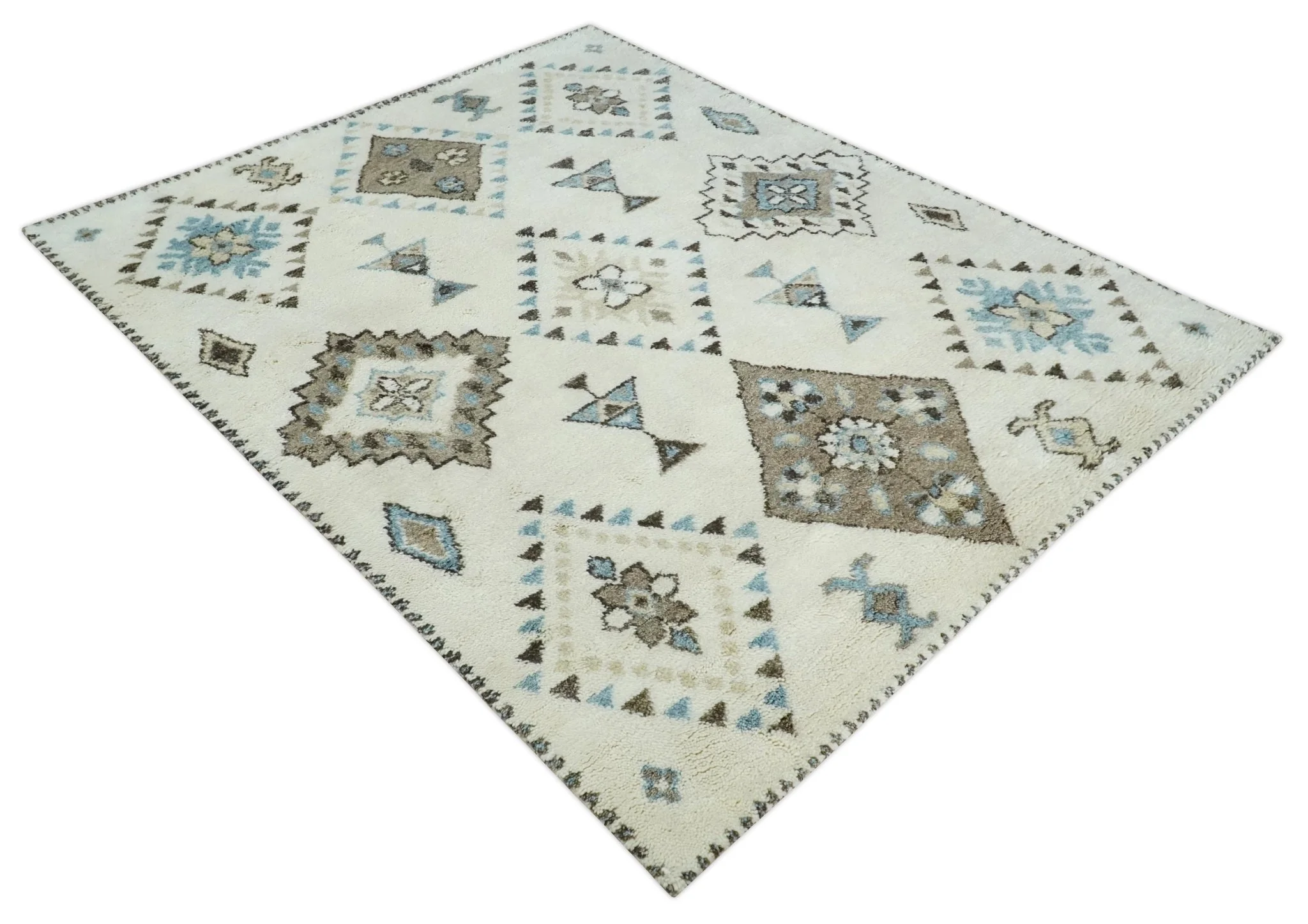 8x10 Tribal Design Ivory, Brown and Blue Traditional Hand Knotted Wool Area Rug - Image 3