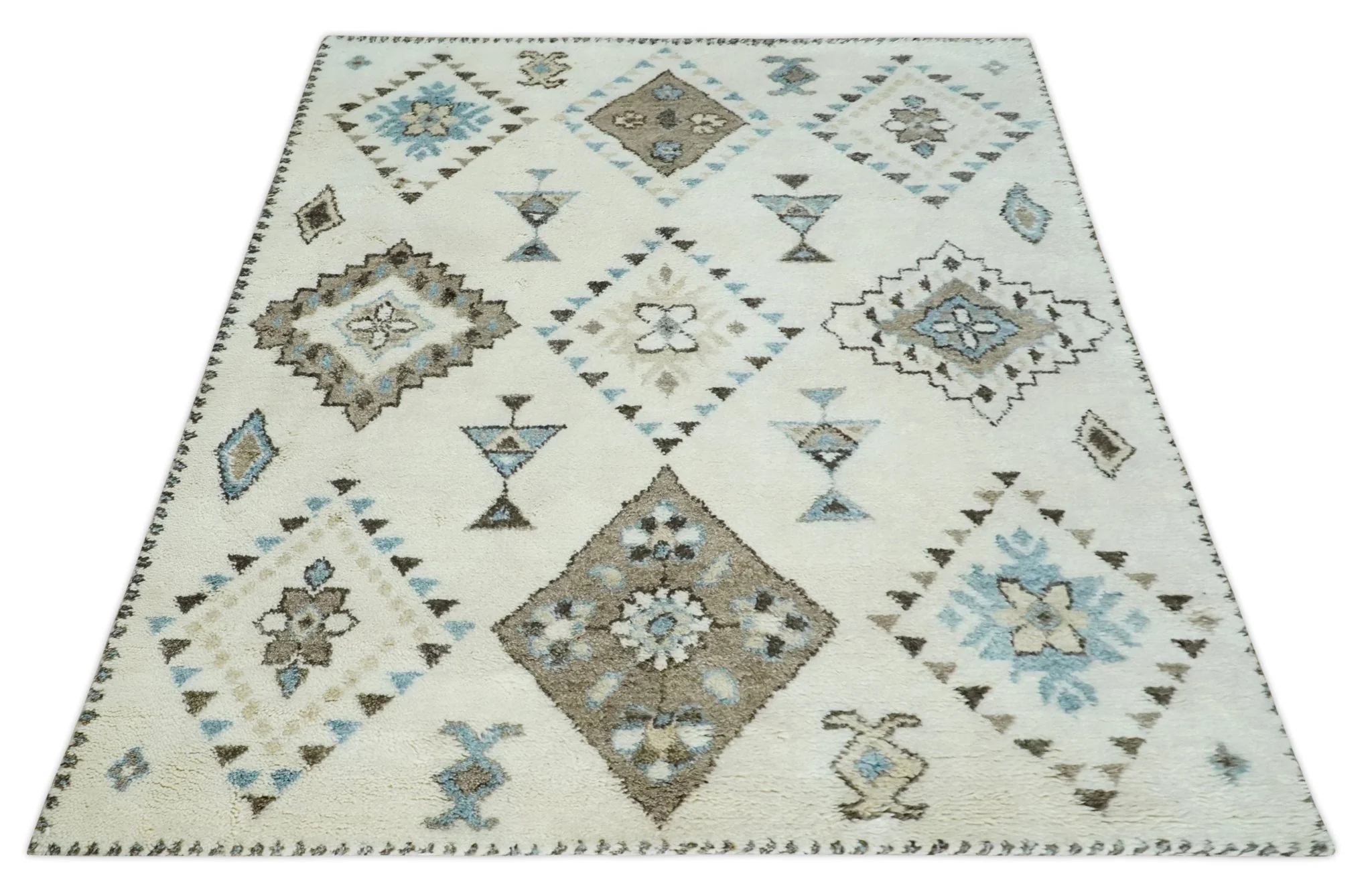 8x10 Tribal Design Ivory, Brown and Blue Traditional Hand Knotted Wool Area Rug - Image 4