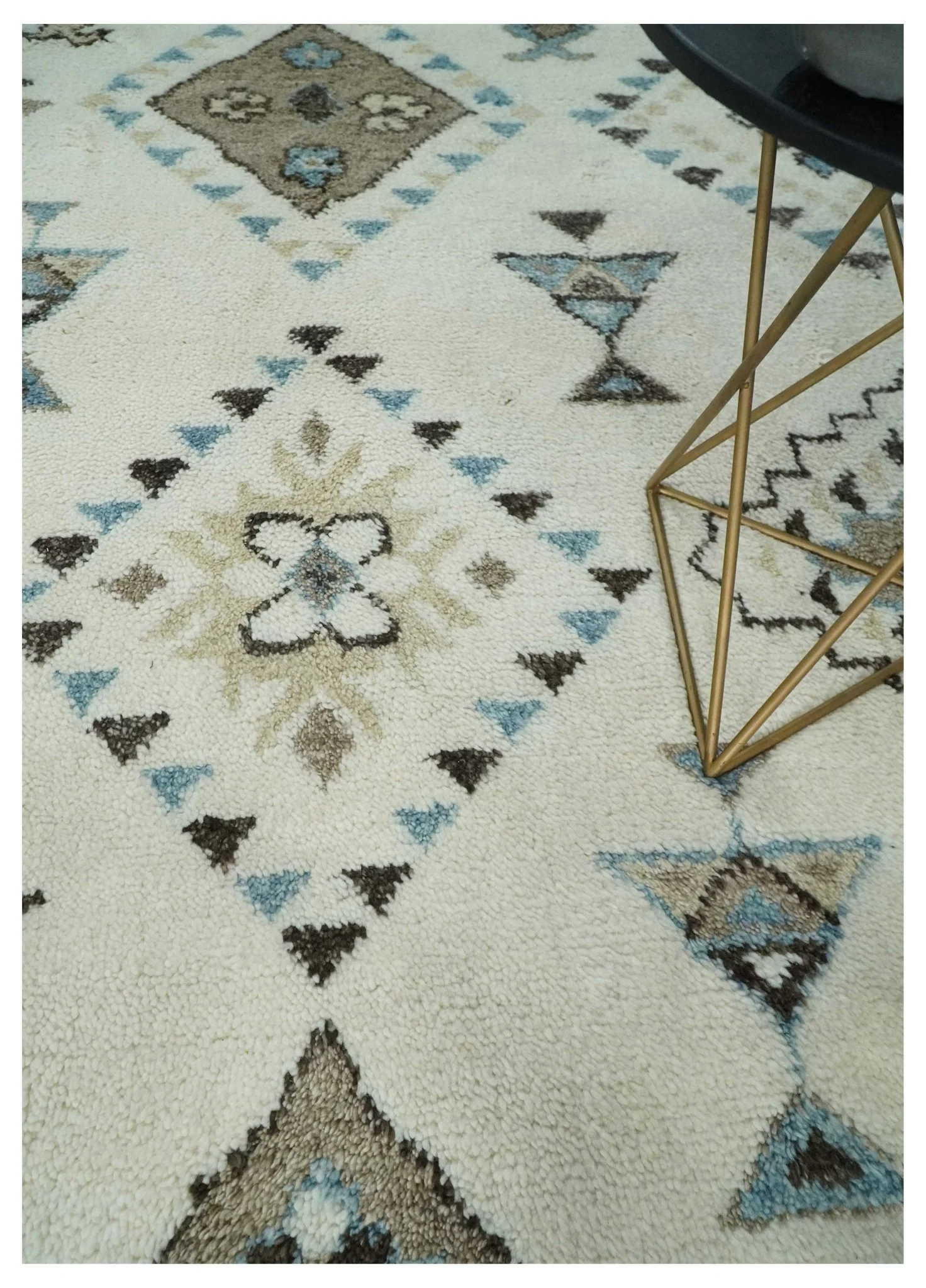 8x10 Tribal Design Ivory, Brown and Blue Traditional Hand Knotted Wool Area Rug - Image 7