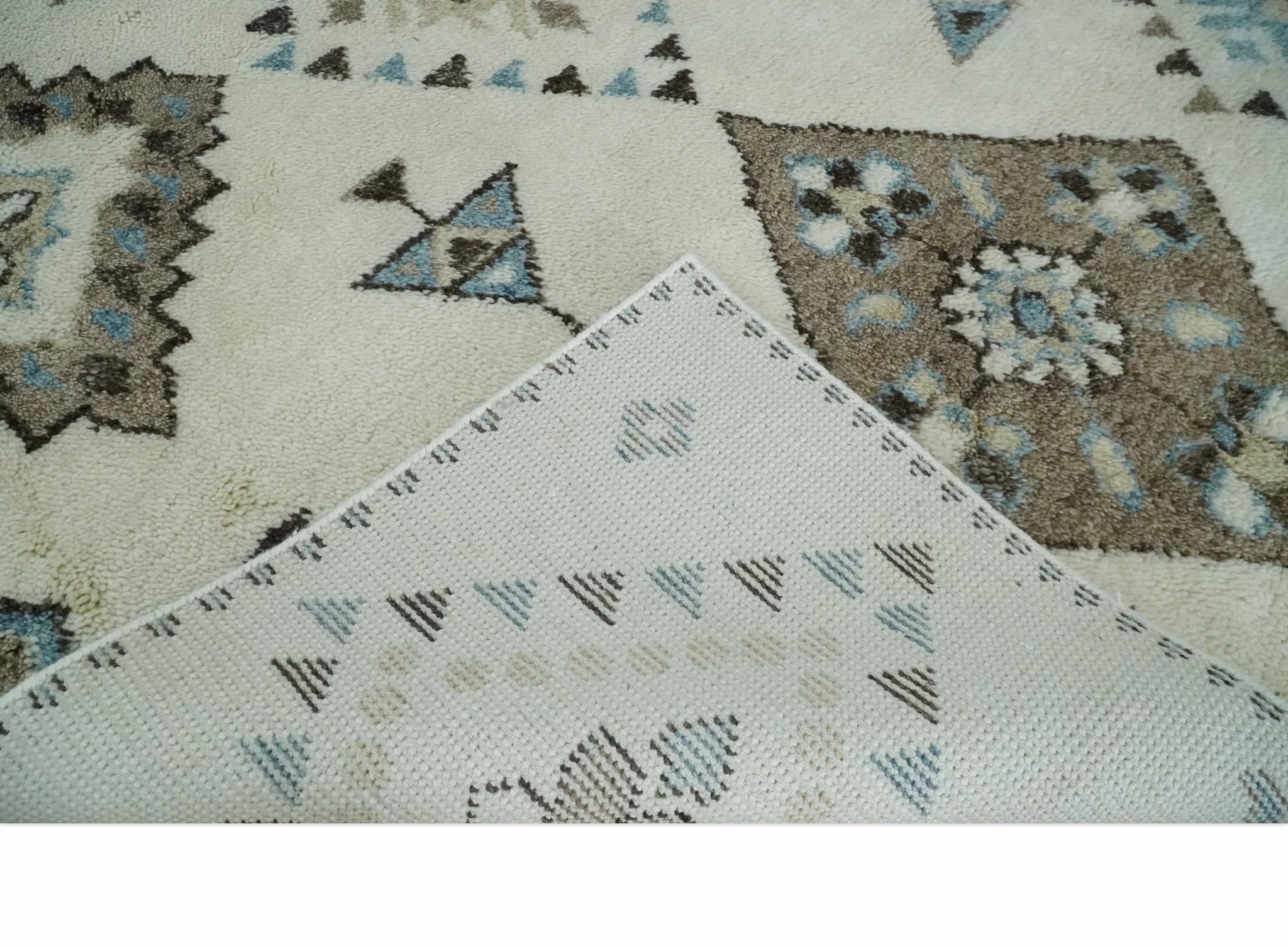 8x10 Tribal Design Ivory, Brown and Blue Traditional Hand Knotted Wool Area Rug - Image 8