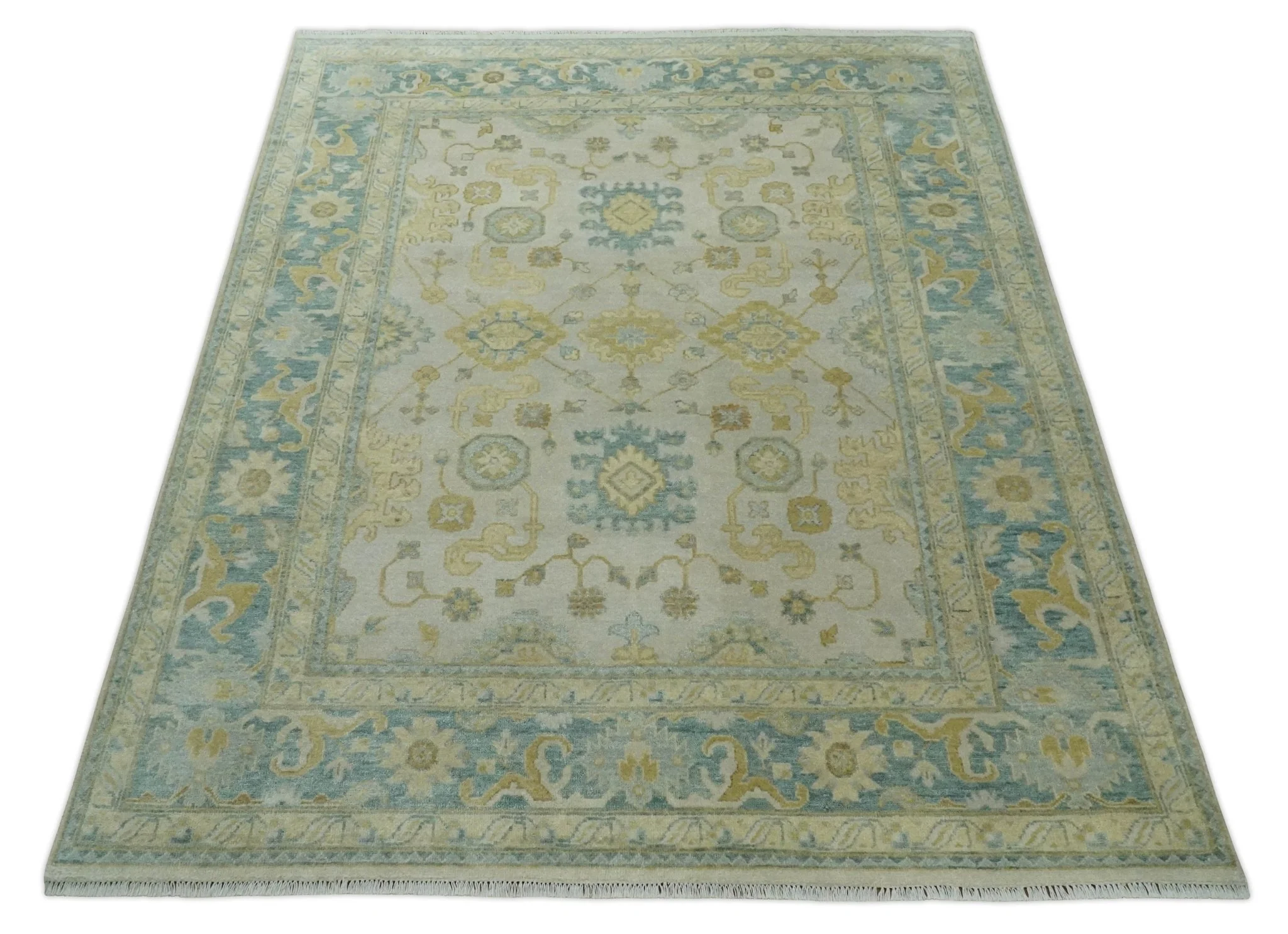 Antique look 8x10 Ivory, Emerald Green and Beige Hand Knotted Oushak Area Rug | TRDCP1196810 - Image 3