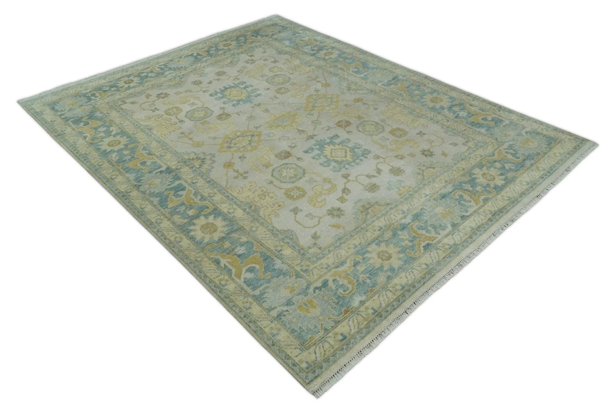 Antique look 8x10 Ivory, Emerald Green and Beige Hand Knotted Oushak Area Rug | TRDCP1196810 - Image 4