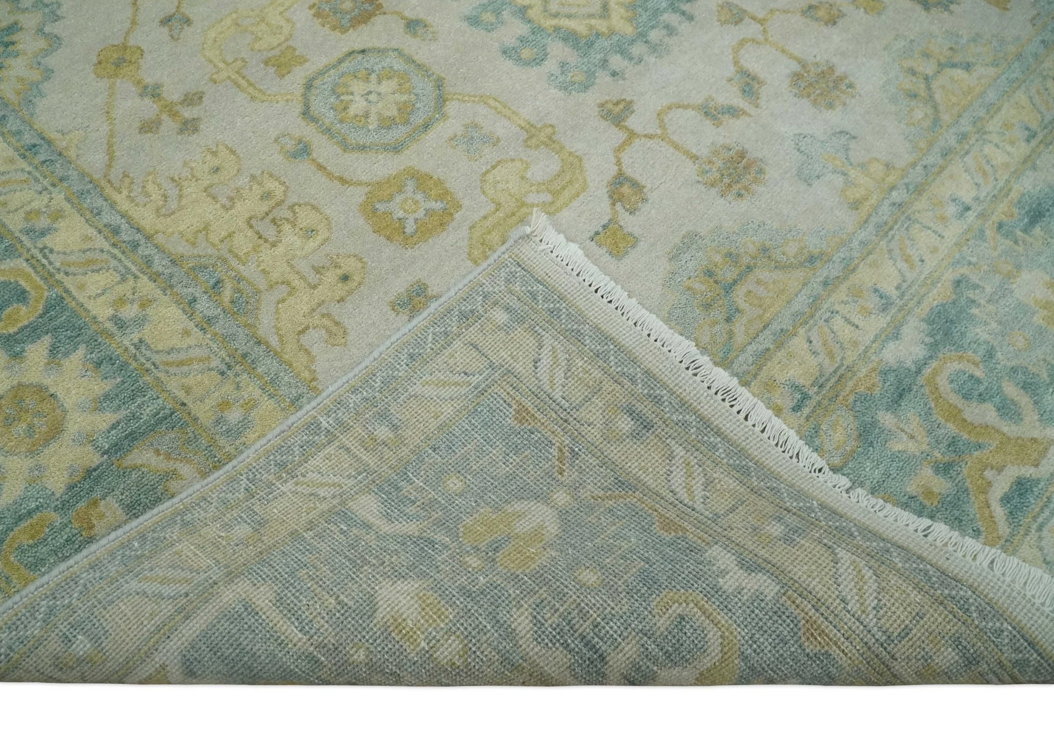 Antique look 8x10 Ivory, Emerald Green and Beige Hand Knotted Oushak Area Rug | TRDCP1196810 - Image 5
