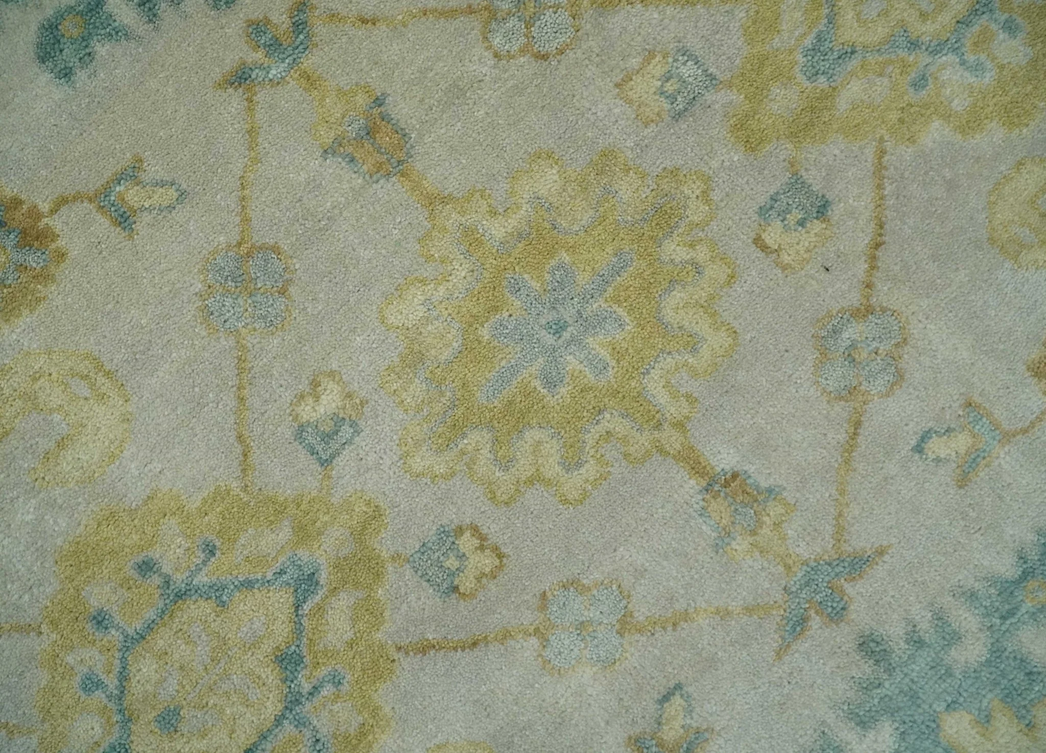 Antique look 8x10 Ivory, Emerald Green and Beige Hand Knotted Oushak Area Rug | TRDCP1196810 - Image 7