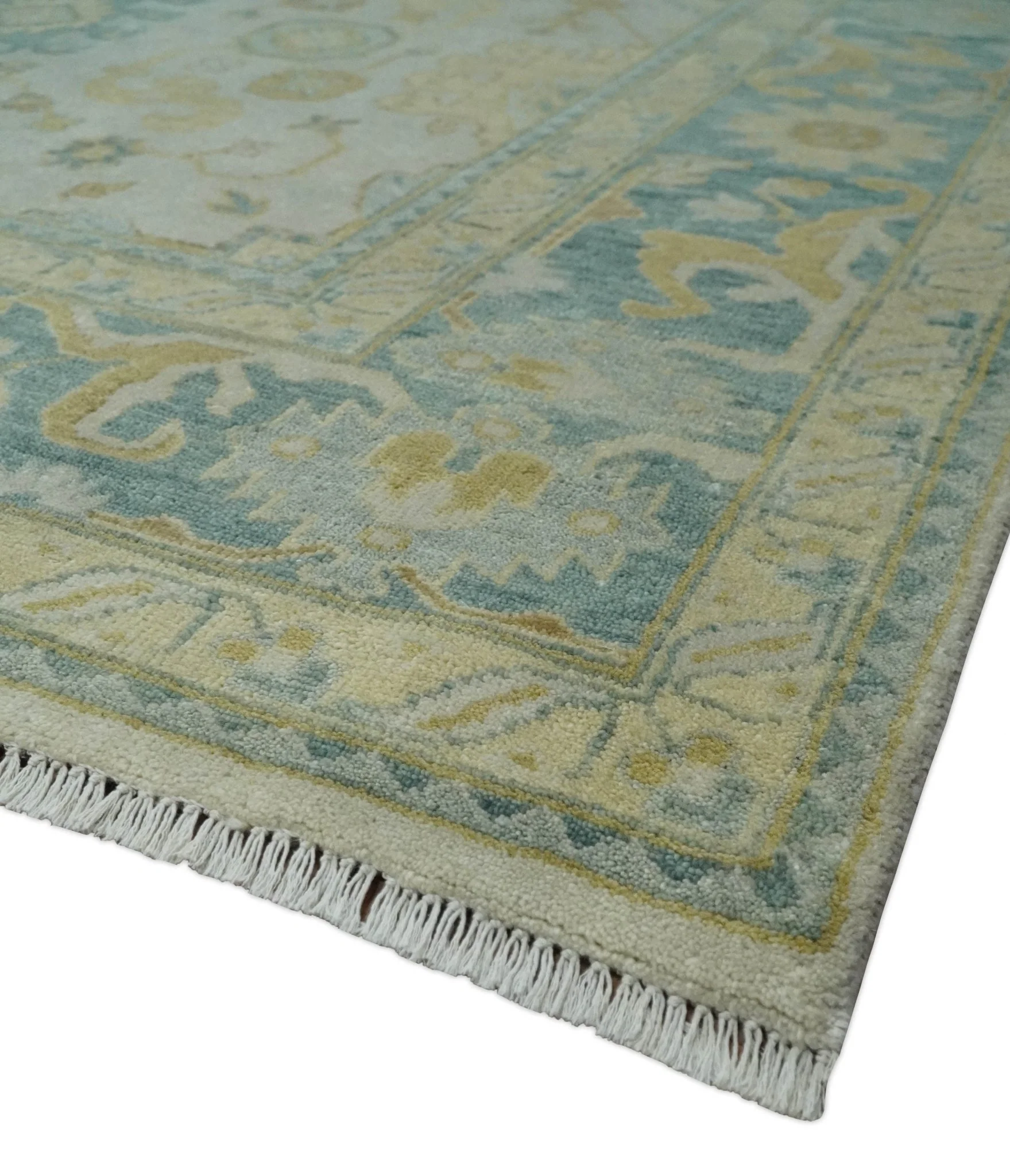 Antique look 8x10 Ivory, Emerald Green and Beige Hand Knotted Oushak Area Rug | TRDCP1196810 - Image 8