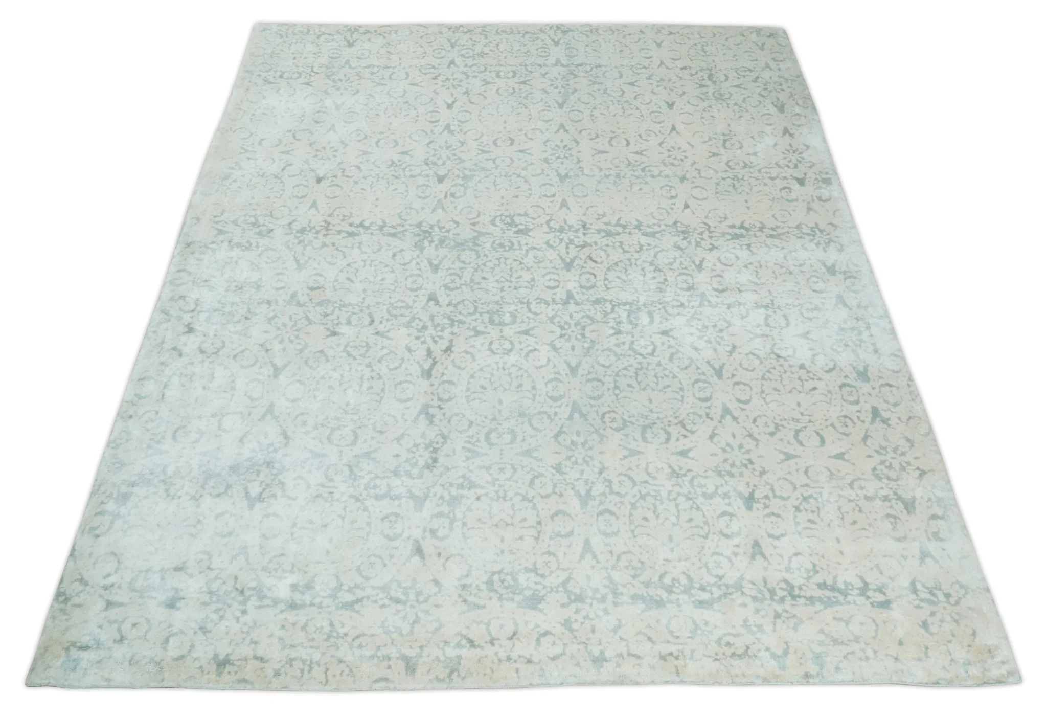 8x10 Ivory, Gray and Silver Modern Transitional Handmade Art Silk Area Rug - Image 10