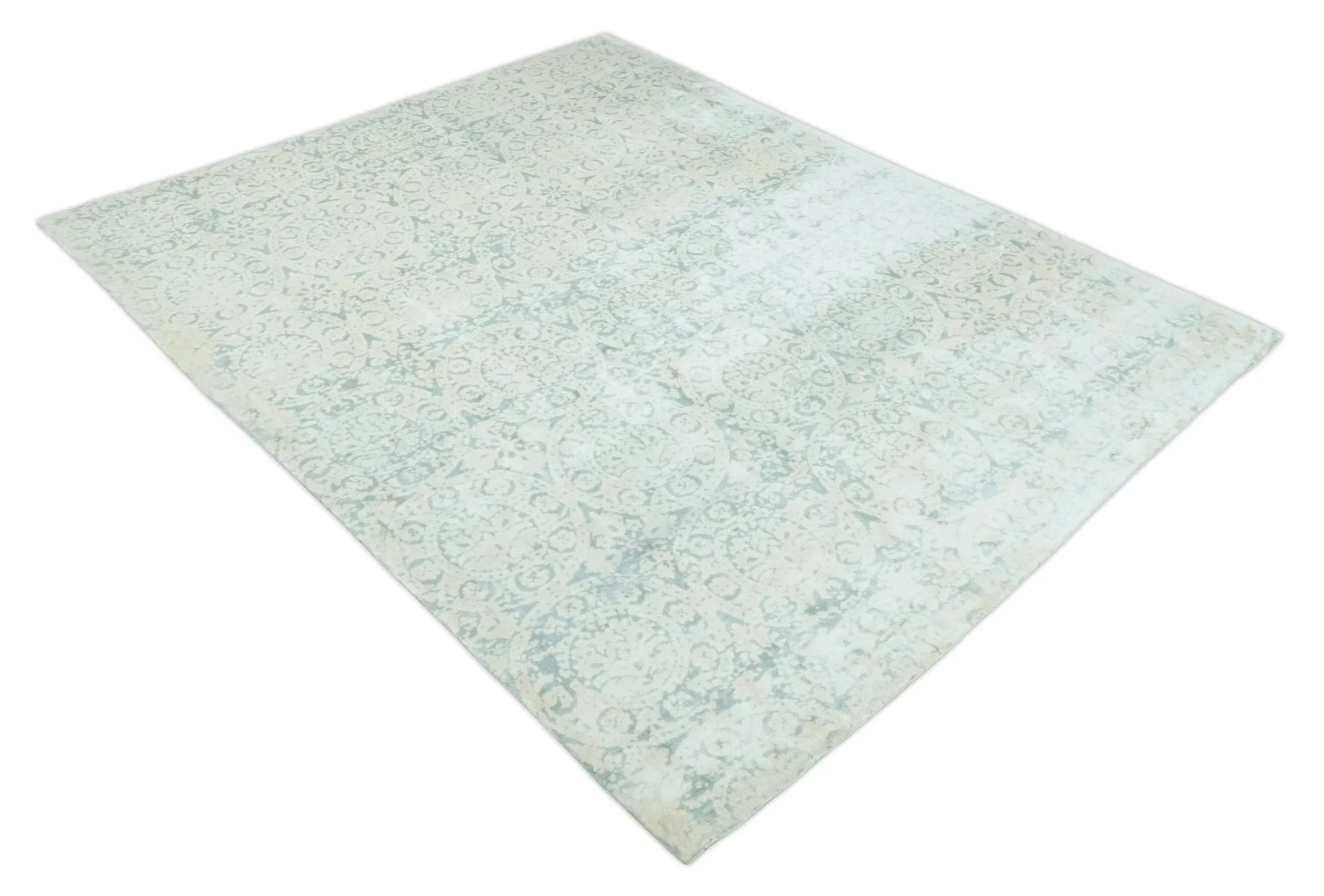 8x10 Ivory, Gray and Silver Modern Transitional Handmade Art Silk Area Rug - Image 9