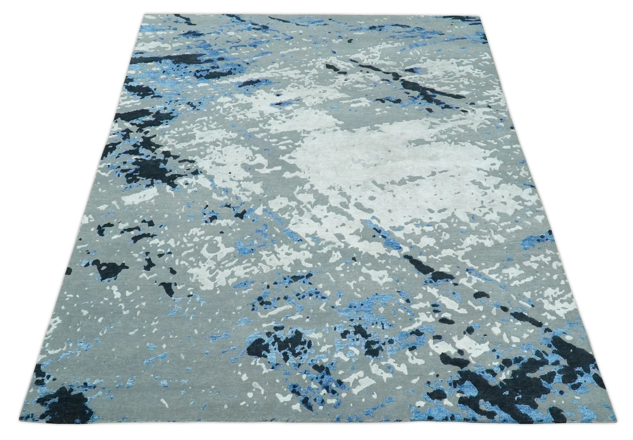 8x10 Ivory, Gray, Blue and Black Modern Abstract Hand Knotted Wool and Bamboo Silk Area Rug - Image 10