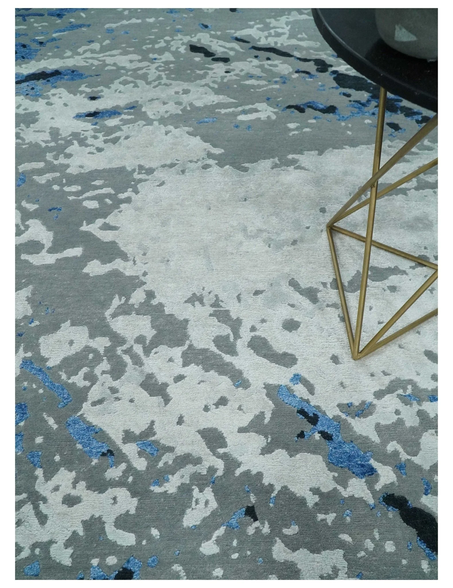 8x10 Ivory, Gray, Blue and Black Modern Abstract Hand Knotted Wool and Bamboo Silk Area Rug - Image 2