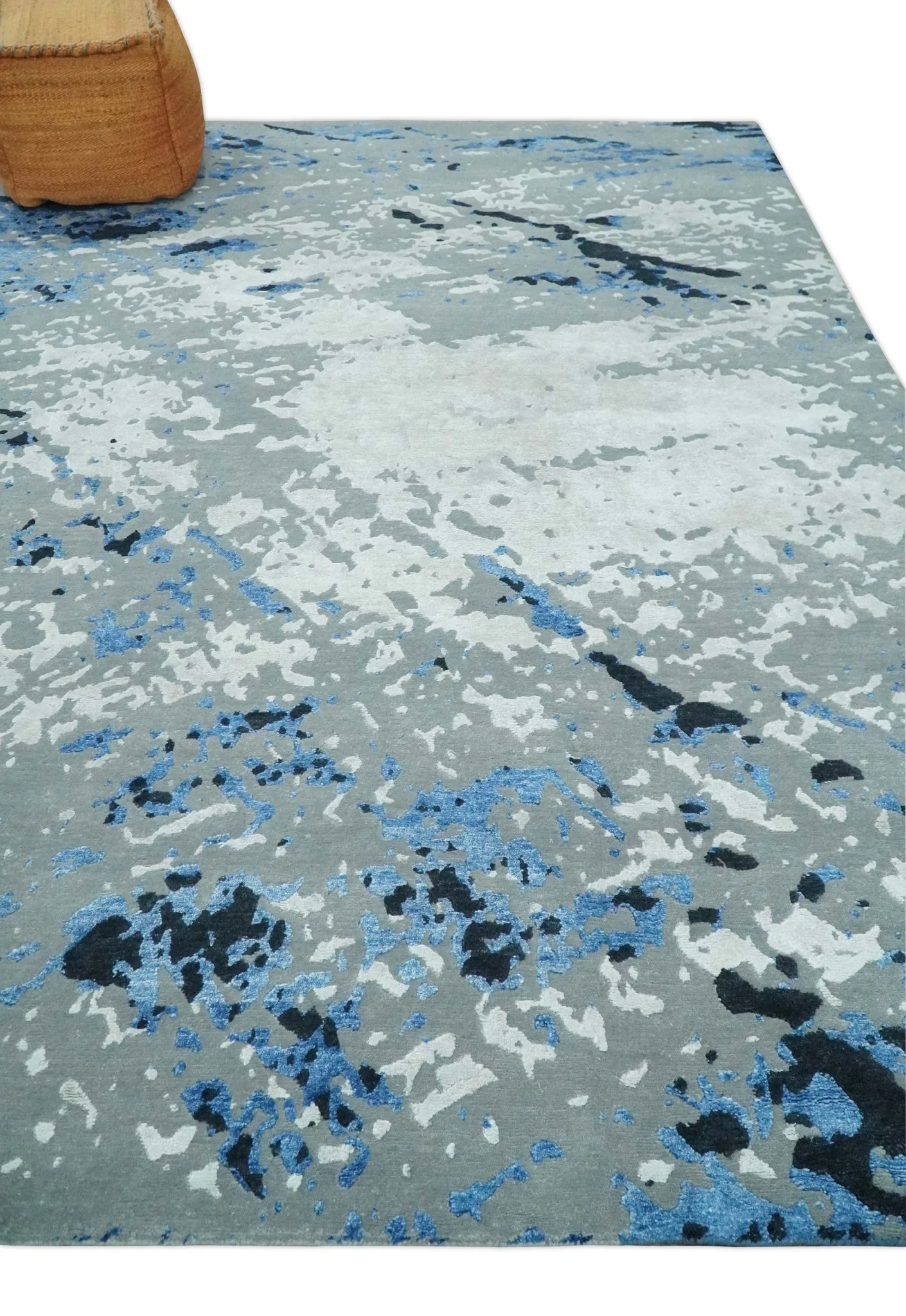 8x10 Ivory, Gray, Blue and Black Modern Abstract Hand Knotted Wool and Bamboo Silk Area Rug - Image 3