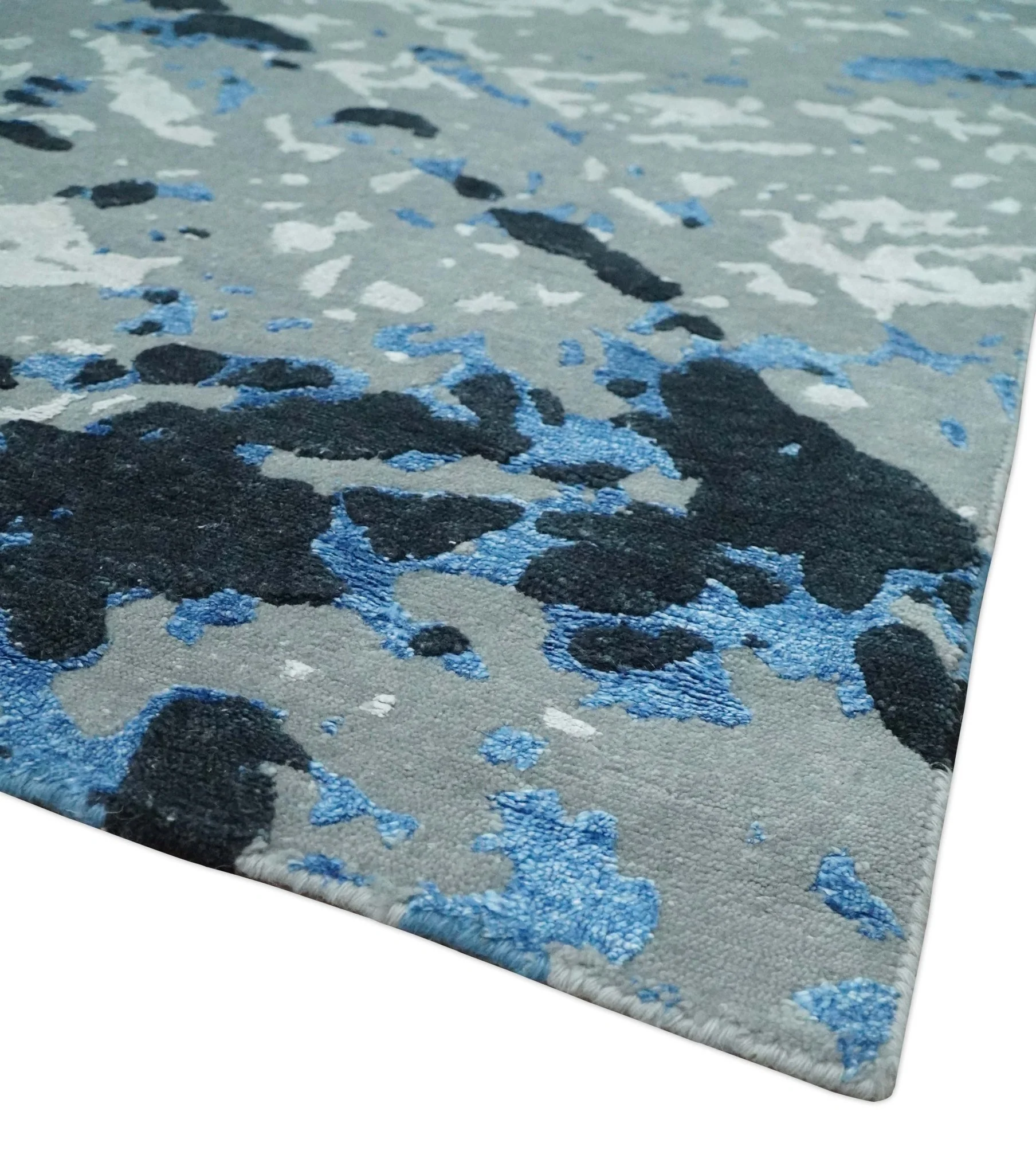 8x10 Ivory, Gray, Blue and Black Modern Abstract Hand Knotted Wool and Bamboo Silk Area Rug - Image 5